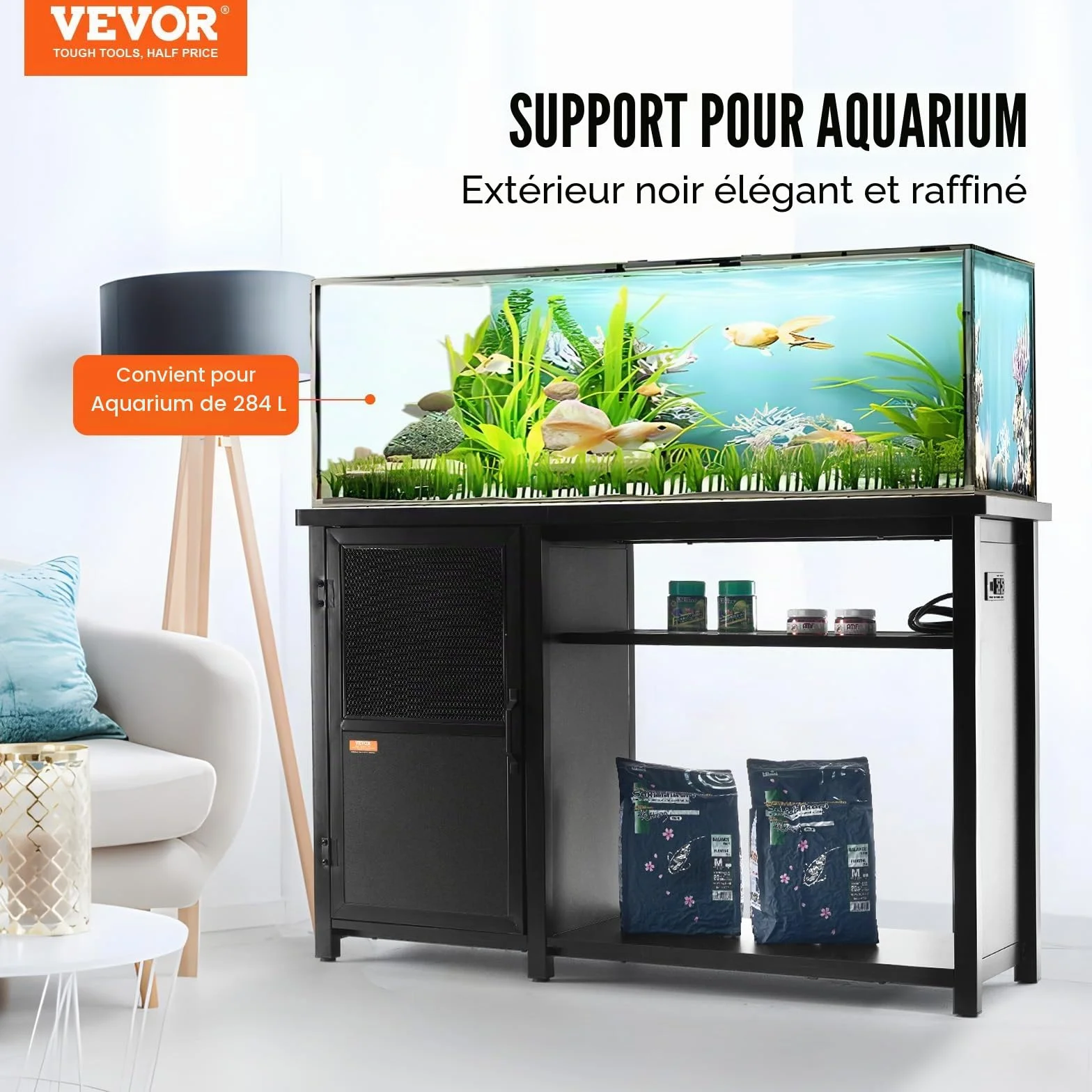VEVOR Meuble pour Aquarium Charge 284 kg 132x50x82 cm Acier MDF avec Armoire Rangement Prise Électrique