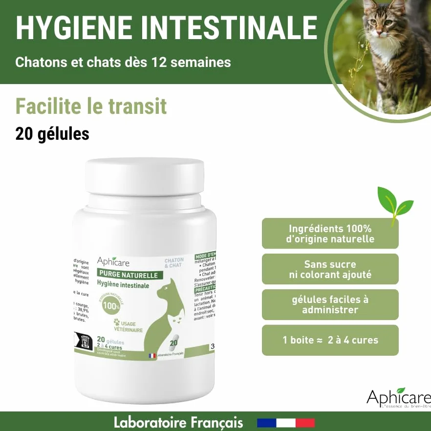 Complément Alimentaire levure de bière 3 extraits végétaux 20 gélules Hygiène intestinale Chat Chaton Fabriqué France