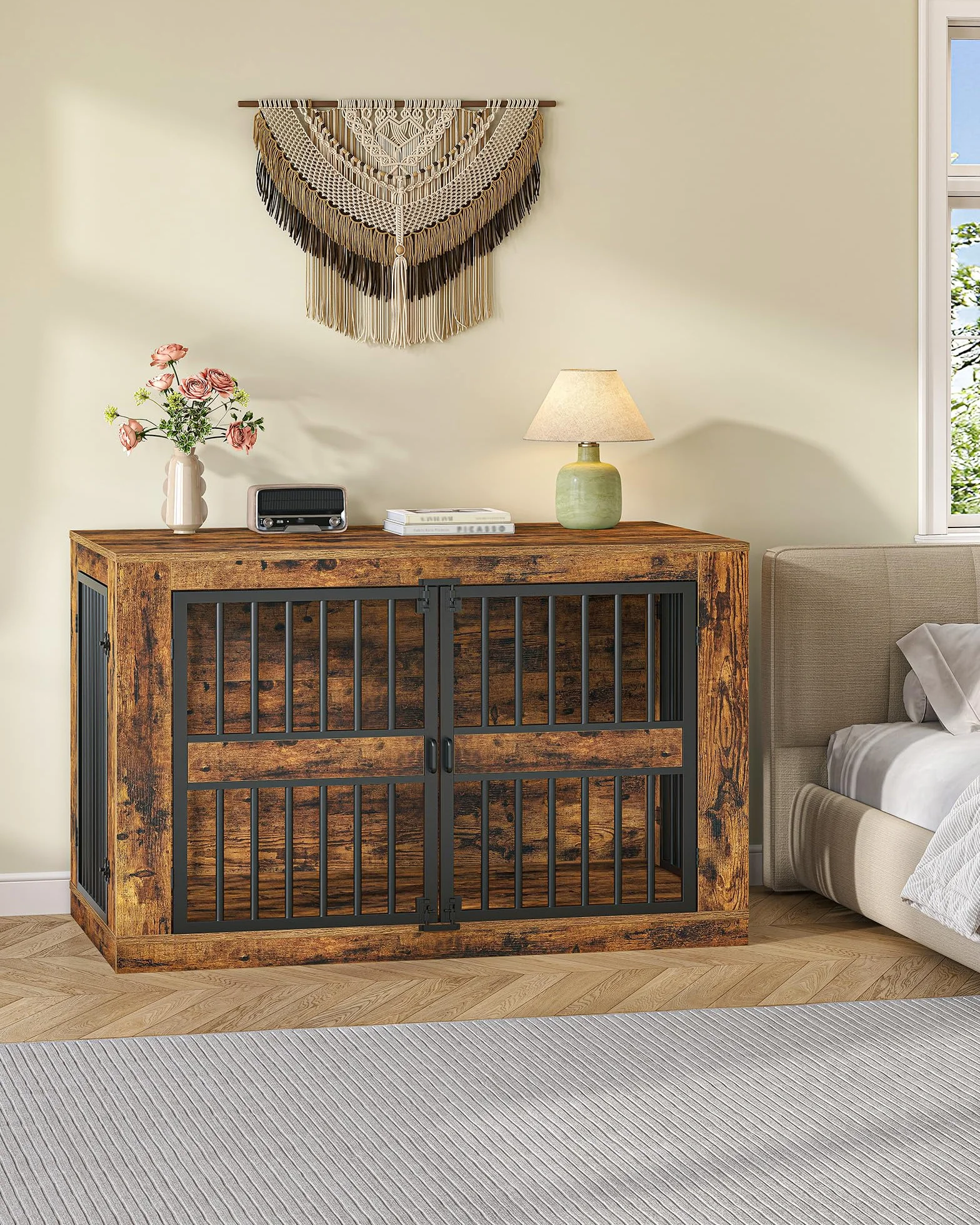 Cage pour Chien 120 cm Niche d'Intérieur en Bois Design Moderne 4 Portes XXL Table d'Appoint Marron Rustique