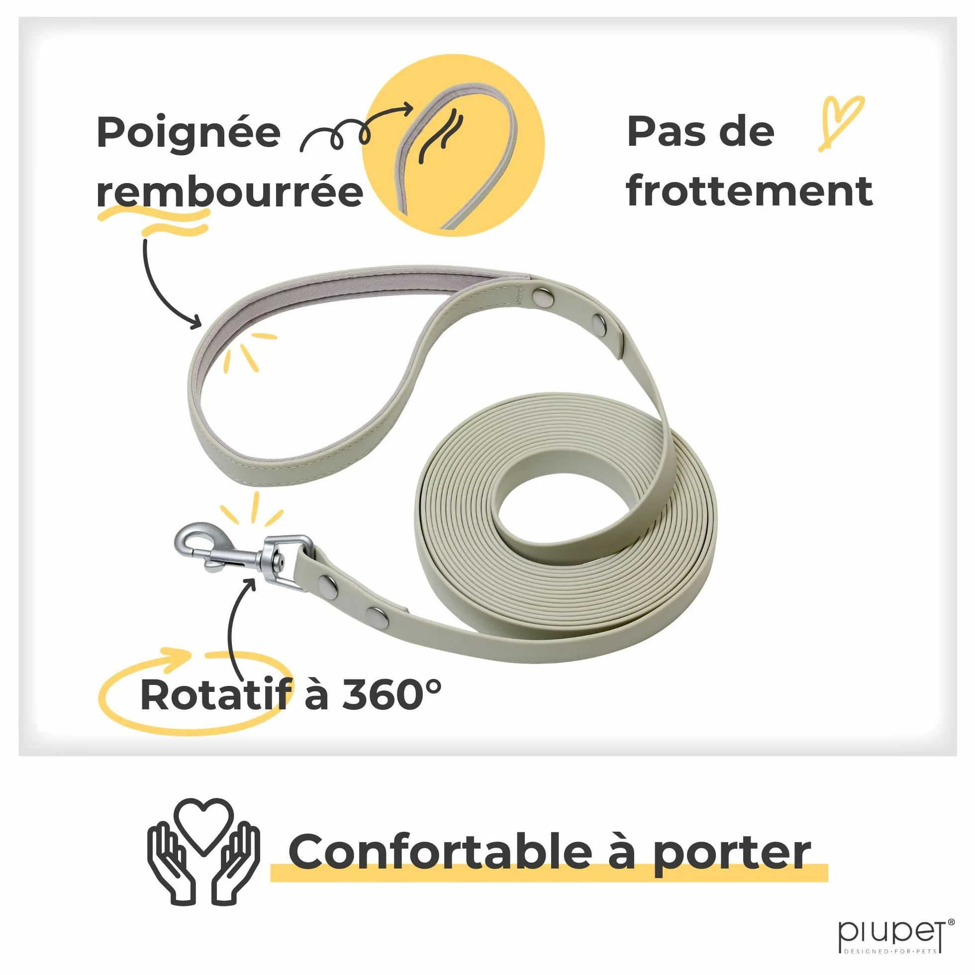 PiuPet Longe pour Chien 5m 10m 20m Laisse Hydrofuge Remorquage Grand Chien Gris