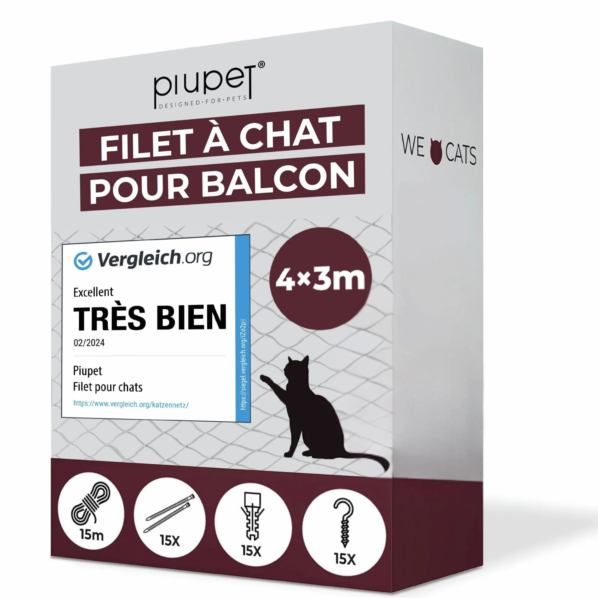 PiuPet® Filet de Protection pour Chats 4 x 3 m Transparent avec Corde de Fixation pour Balcons et Fenêtres