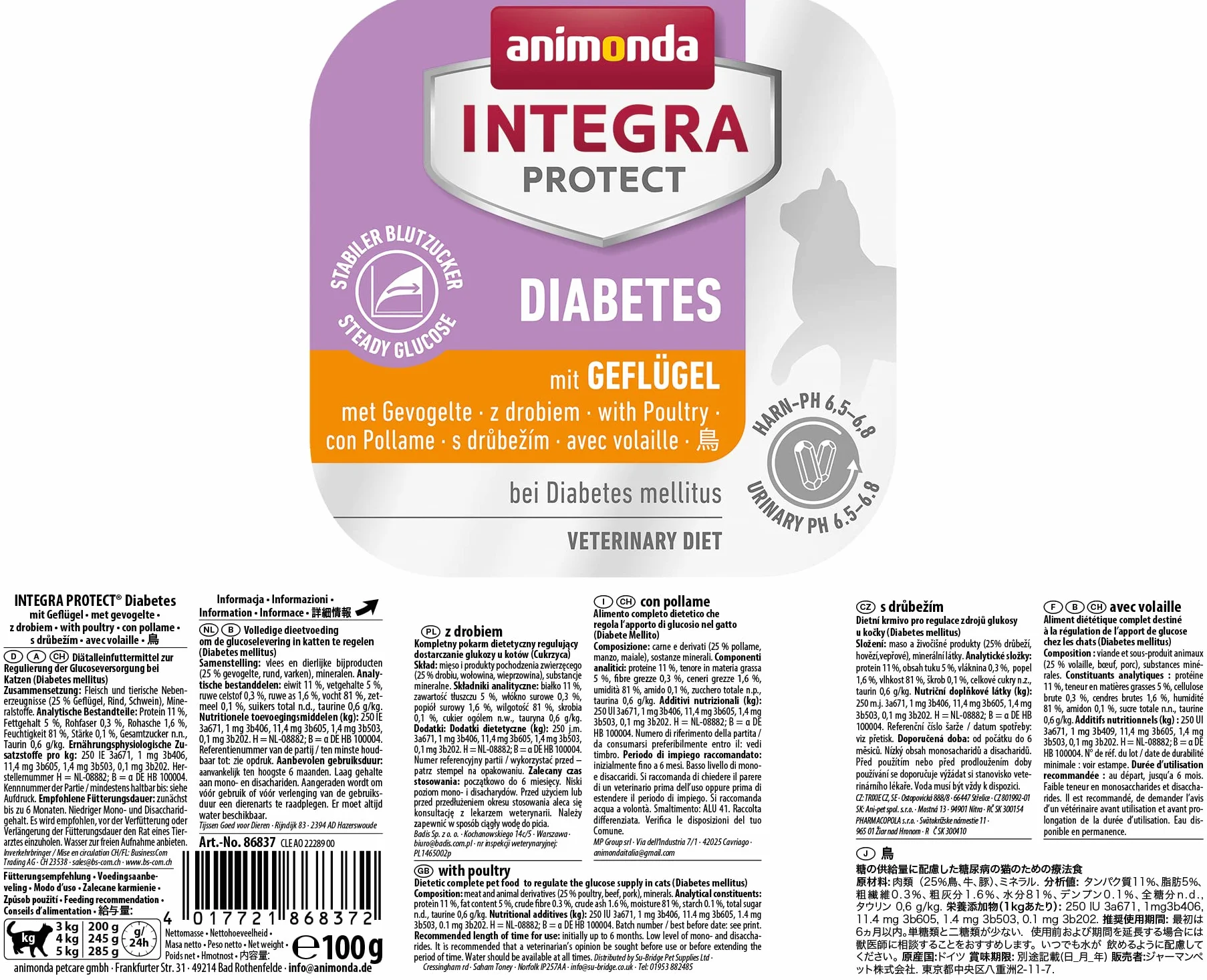 Integra Protect Diabetes d’animonda pour chat, nourriture de régime pour chat, nourriture humide en cas de diabète, à la volaille, 16 x 100 g