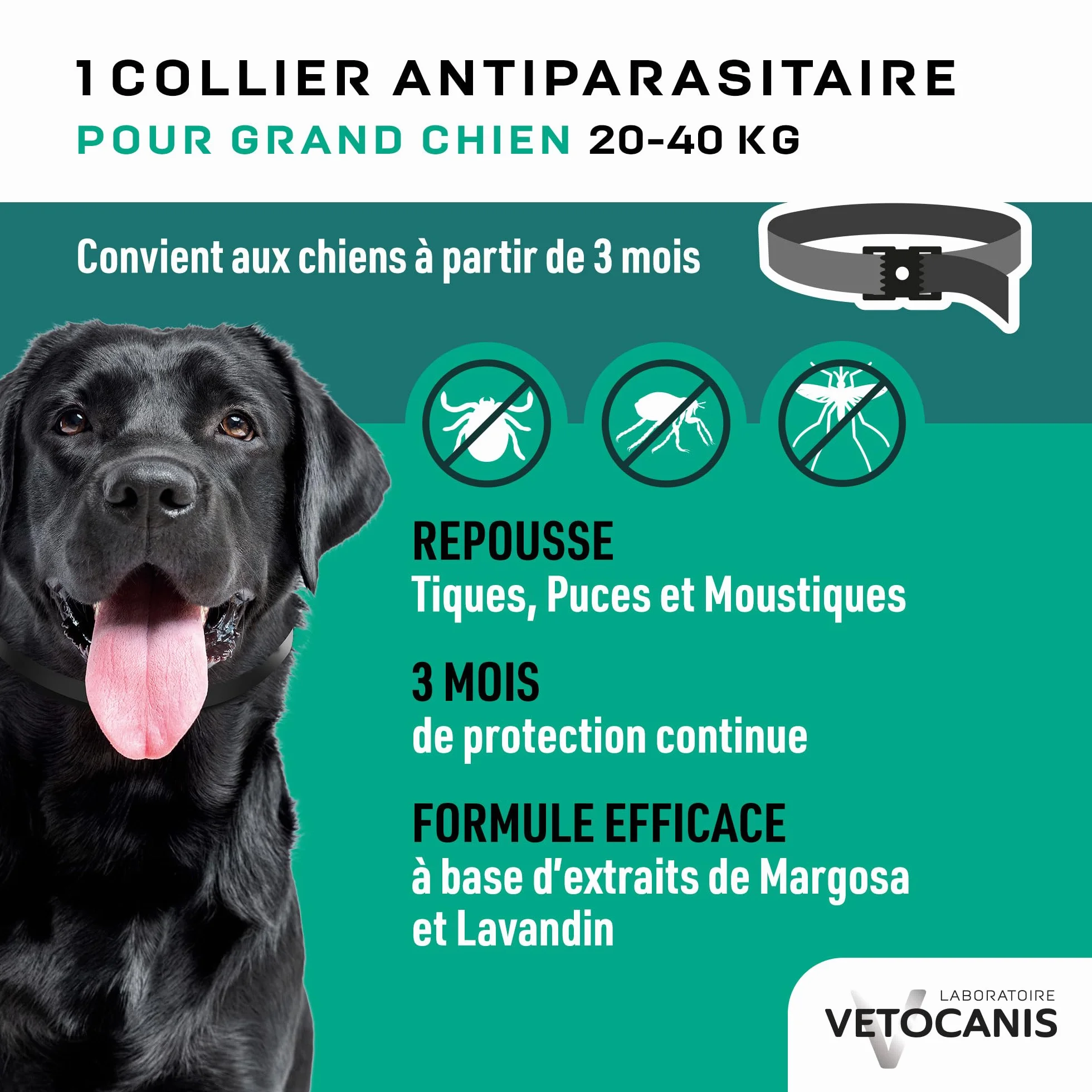 Vetocanis Collier Répulsif Puces Tiques Moustiques Protection 3 mois Grand Chien 20-40 kg Extraits Naturels Margosa Lavandin