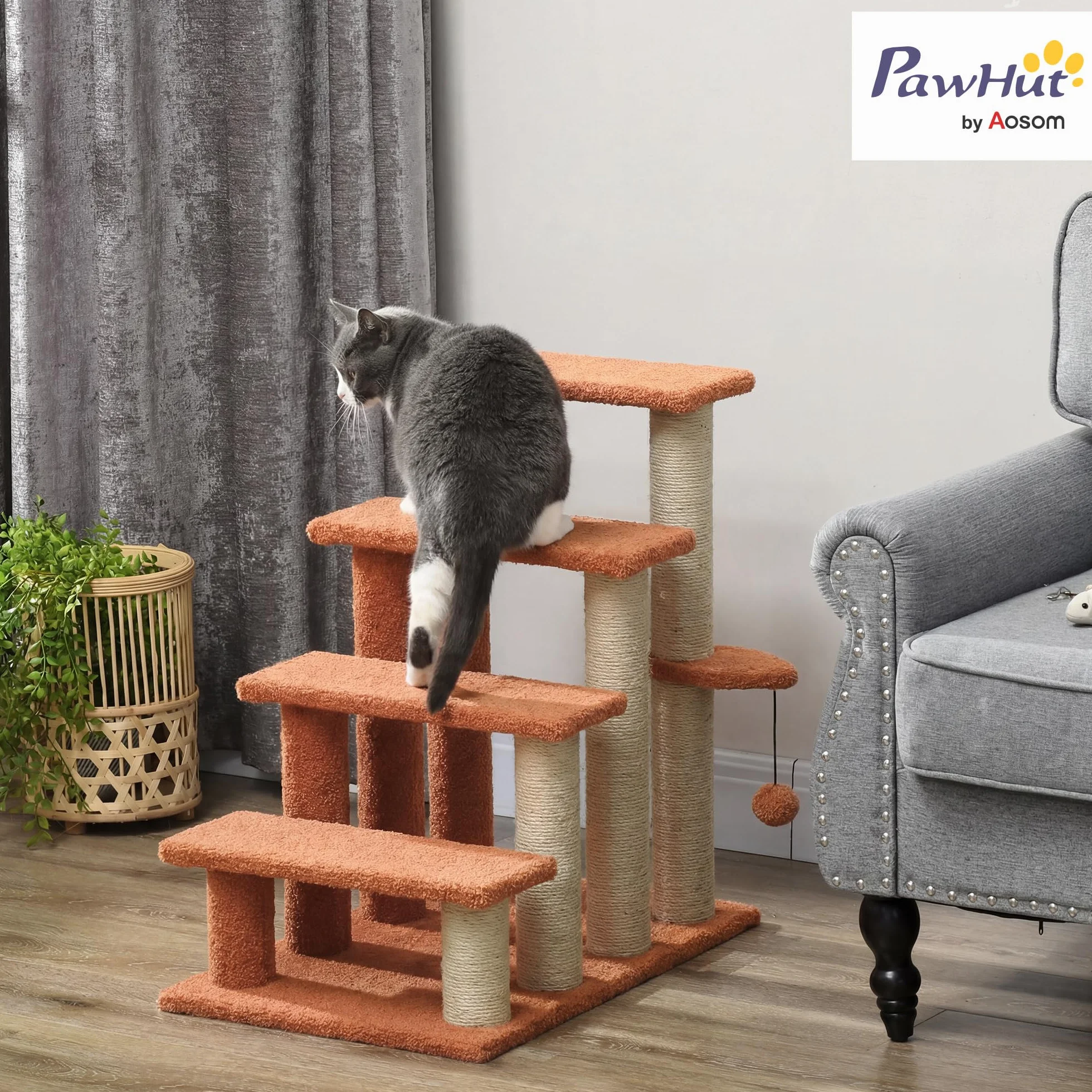 PawHut Escalier pour chats 4 marches avec griffoir balle de jeu pour animaux jusqu'à 5 kg marron 60 x 40