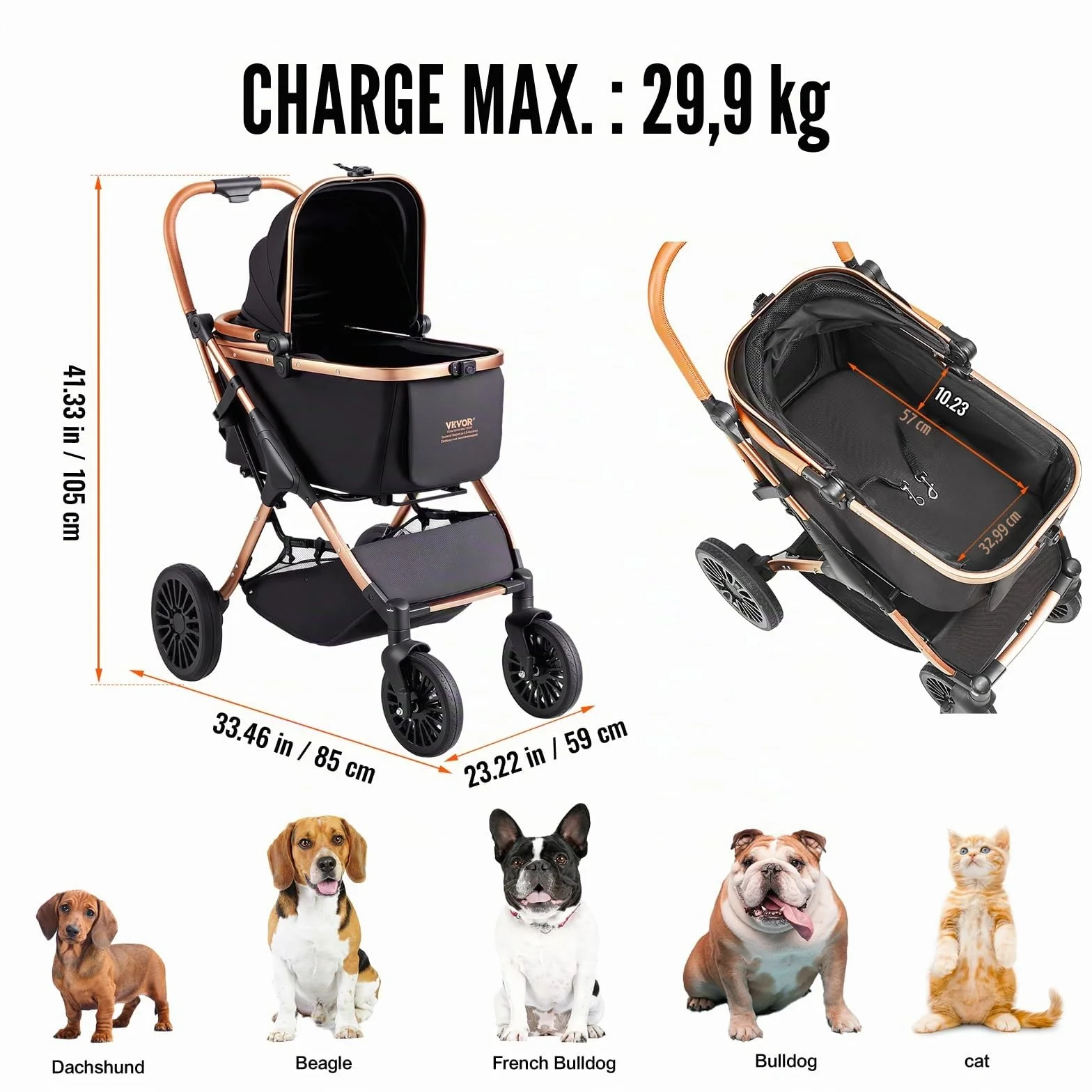 VEVOR Poussette pour Chien 4 Roues Pivotantes avec Freins 30 kg Noir