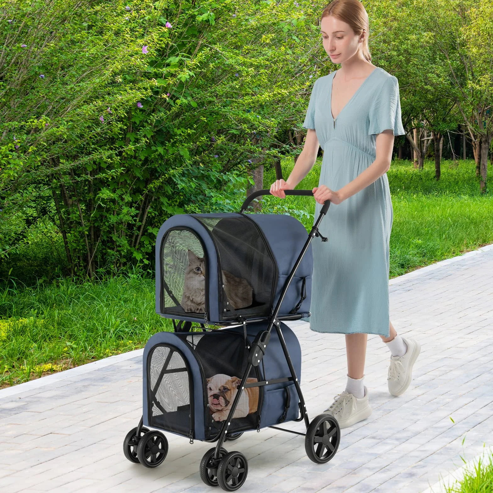 GYMAX Poussette Chien 15 KG Pliable 81×45×101 CM Noir/Beige/Bleu