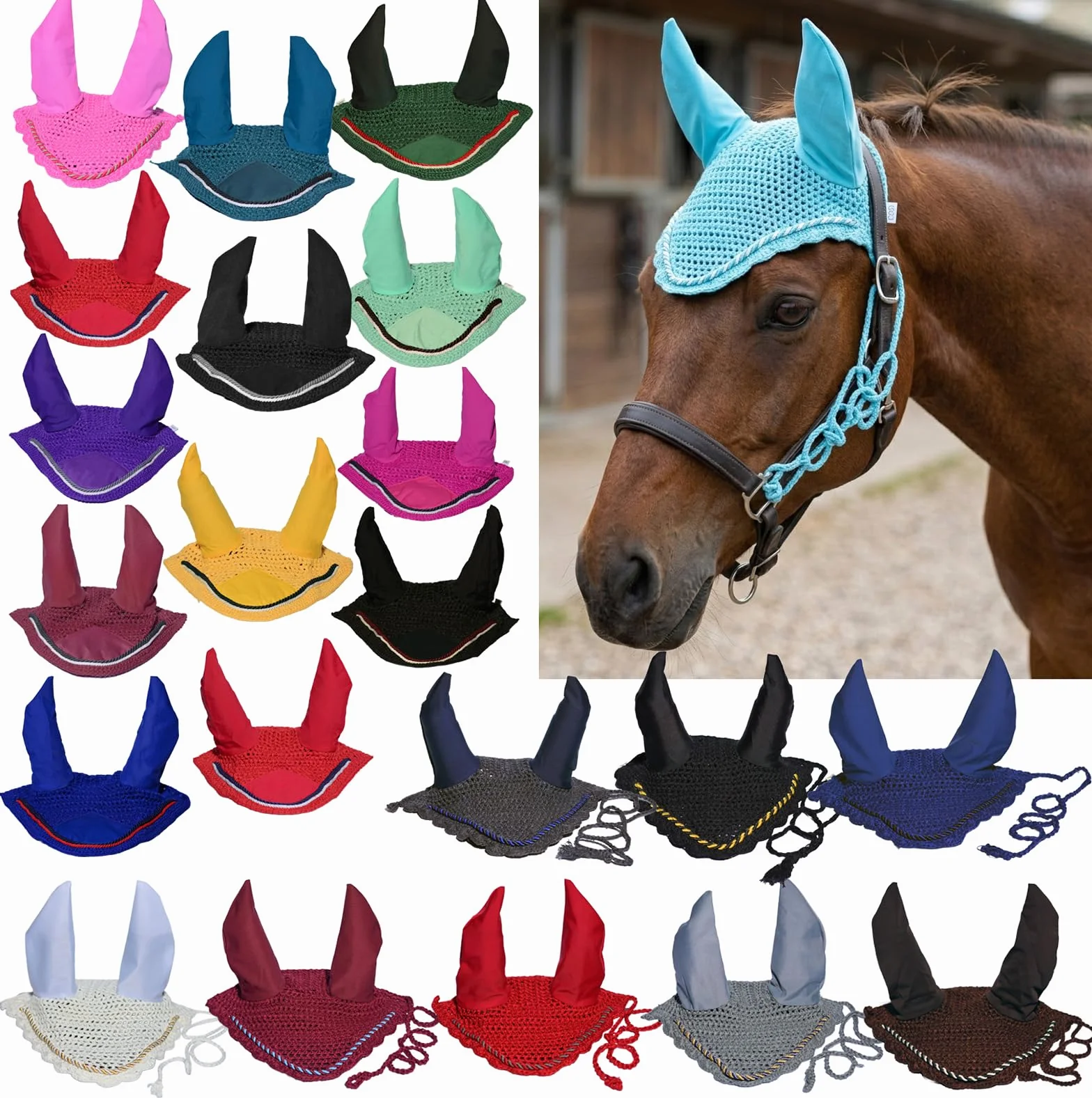 Spire Voile de protection pour cheval en coton respirant doux au crochet - Masque de protection contre les mouches (complet, jaune/noir/blanc)