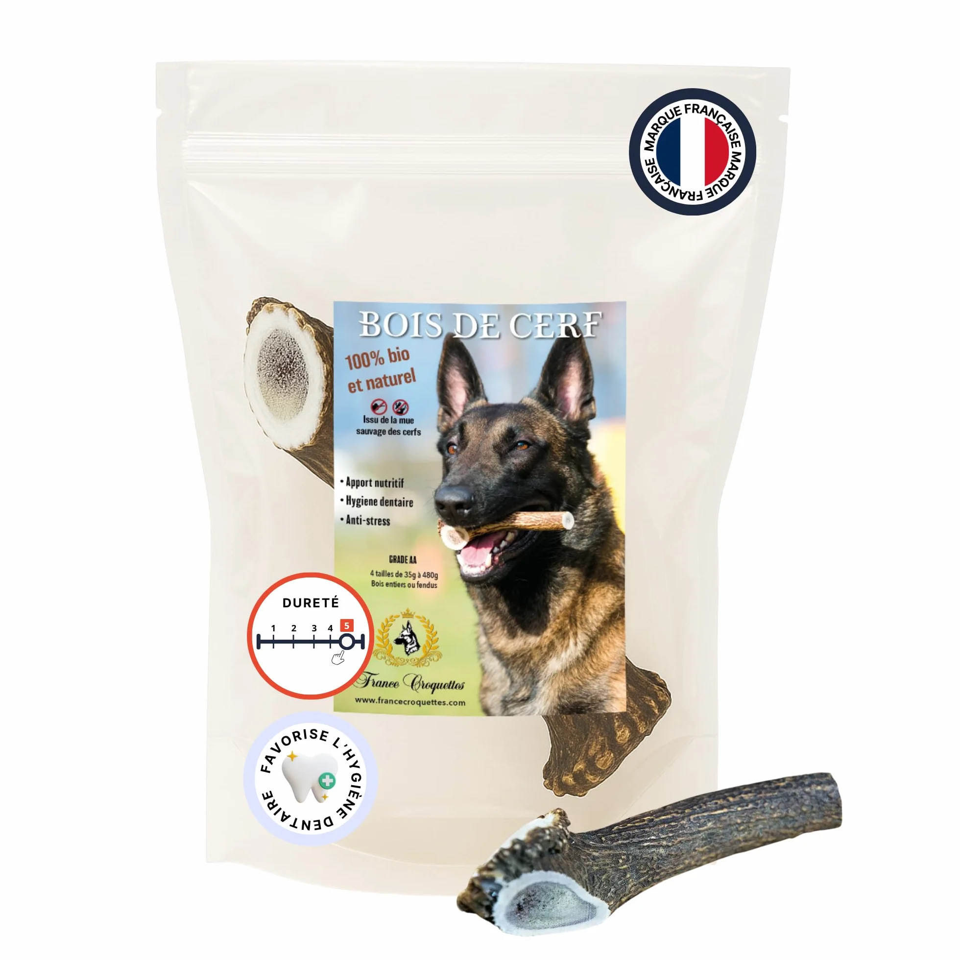 Bois de Cerf XXL Entier 200-300 g pour Chien Moins de 50 kg, Friandise Naturelle à Mâcher Longue Durée