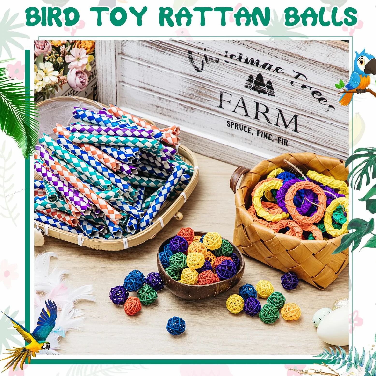 Hiboom Lot de 200 jouets pour oiseaux : 100 pièges à doigts, 60 boules en rotin, 40 anneaux de vigne – Boules en osier pour perroquet, calopsitte et perruche à mâcher pour perruches, cage d'animaux de