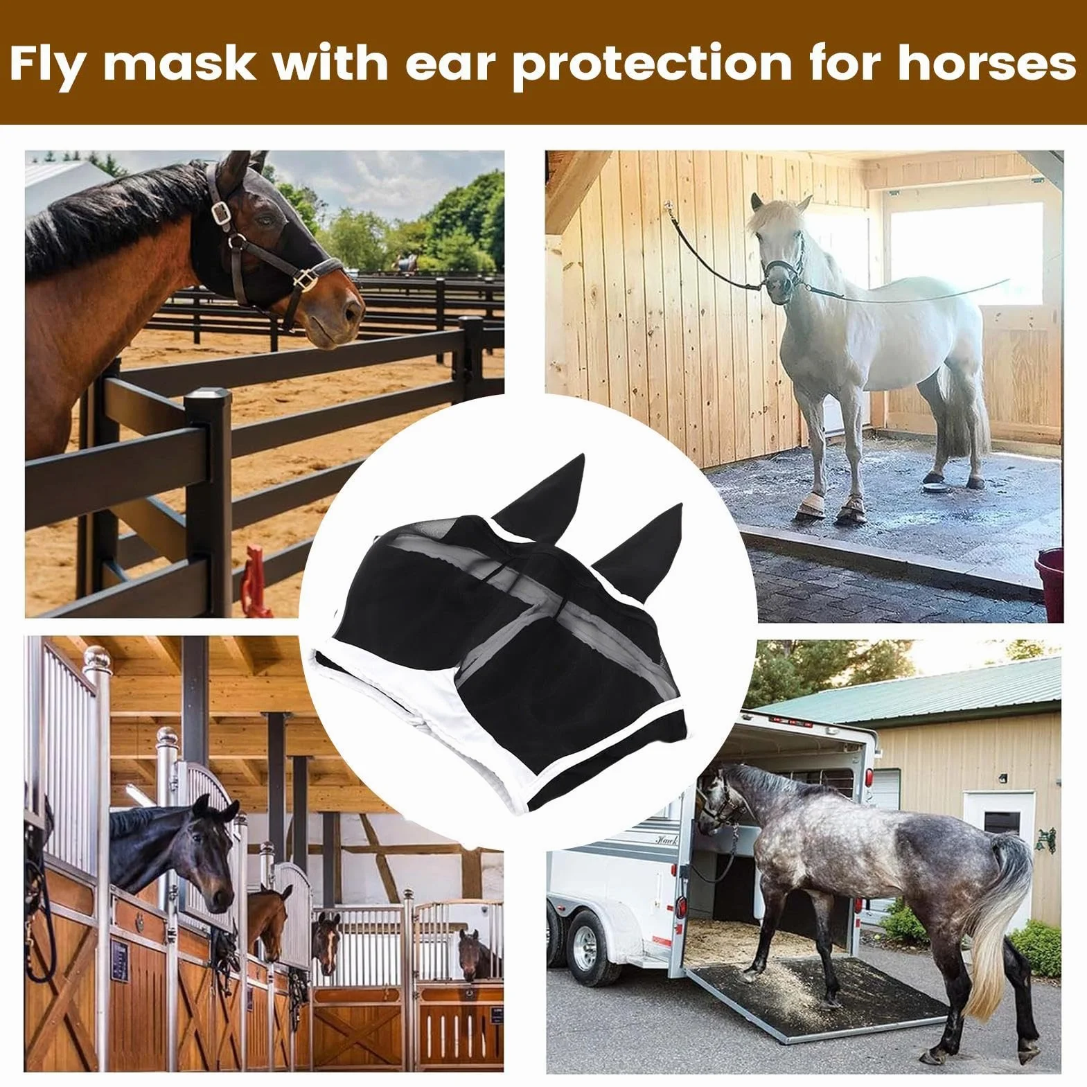 Masque Anti-Mouches pour Cheval Tissu Respirant Protection UV avec Oreilles Sangle Élastique Demi-Masque