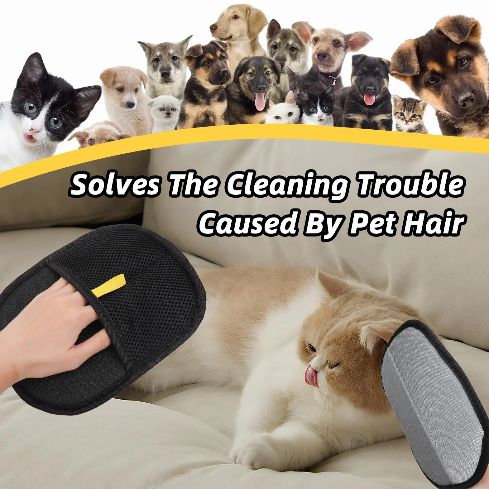 Gant Anti Poils Animaux Antistatique Lavable pour Chiens Chats Toilettage Massage - Noir