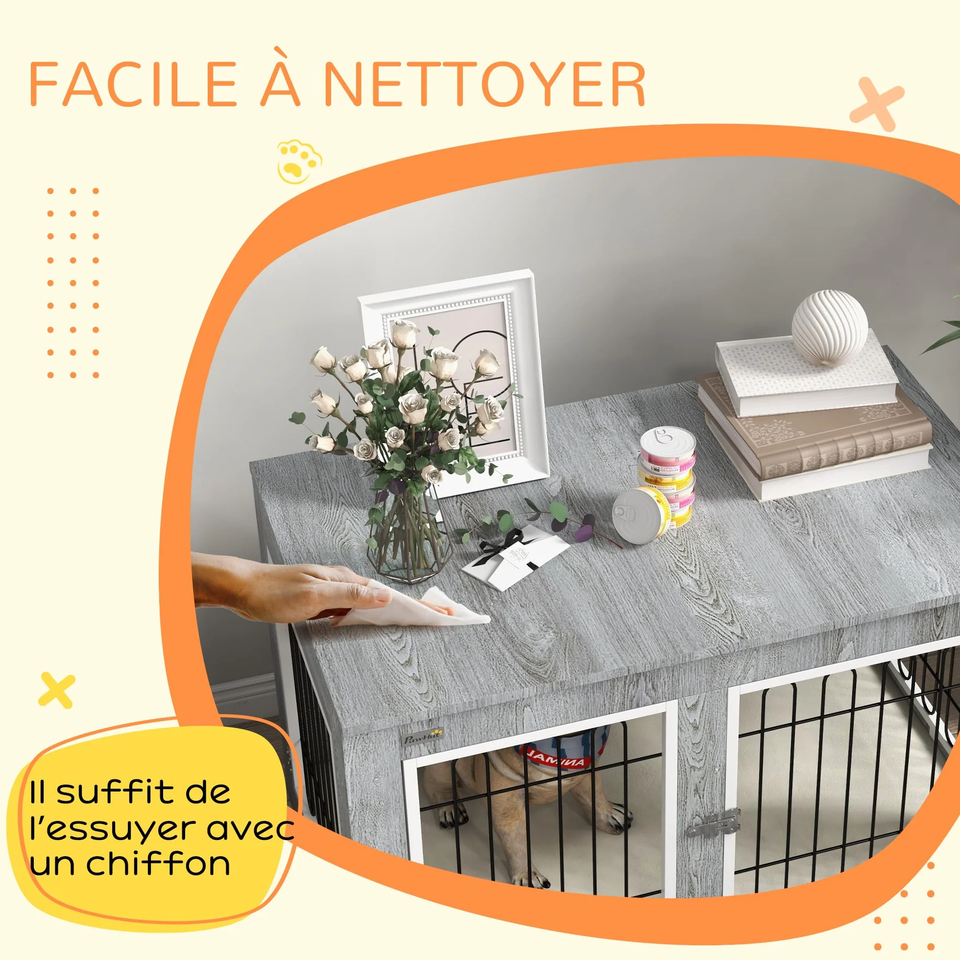 PawHut Cage pour Chien Meuble Table d'appoint Double Porte Coussin Niche Chien Moyenne Grande Taille 90 x 58 x 65 cm Gris