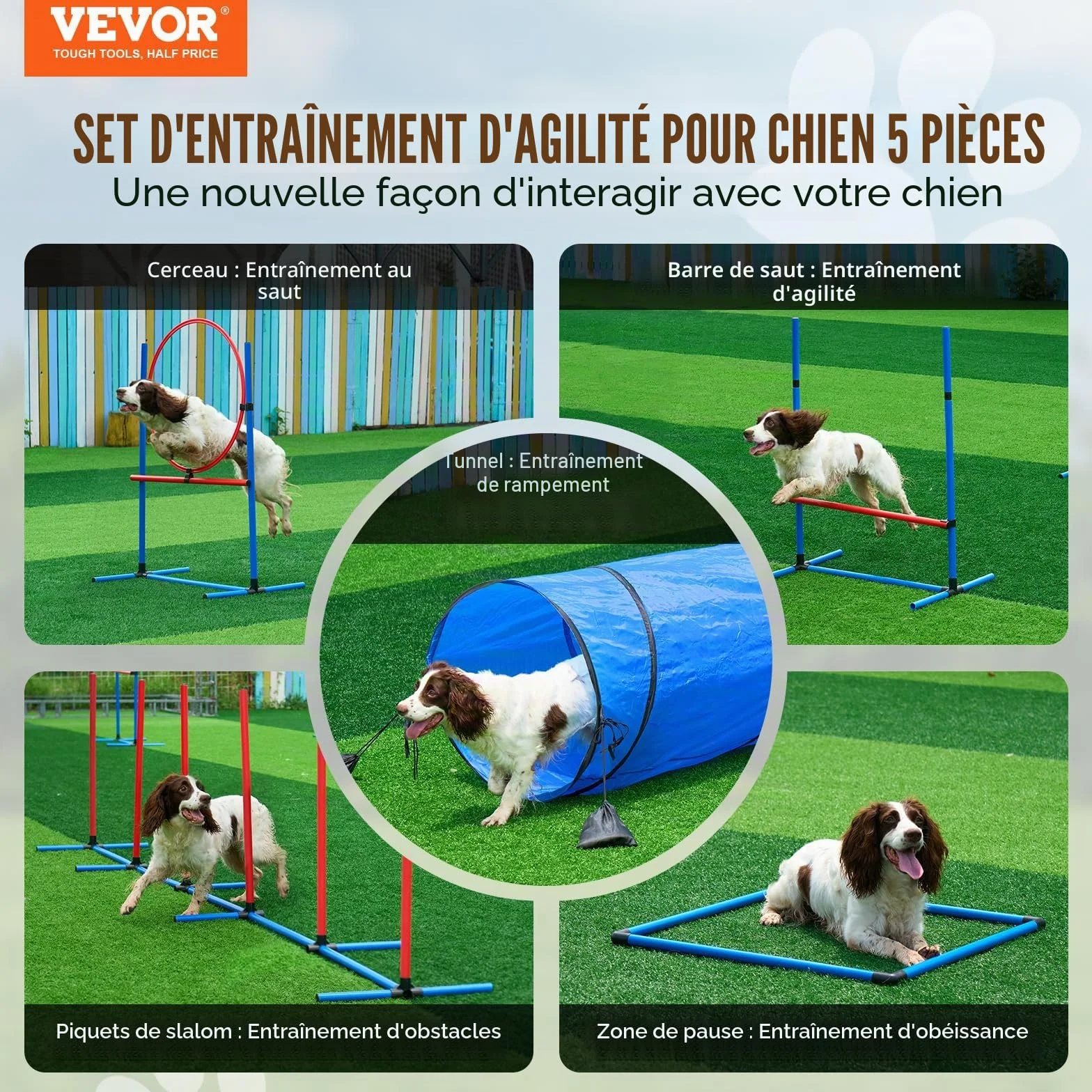VEVOR Équipements d'Entraînement Agilité pour Chien, Ensemble 5PCS, Parcours Obstacles pour Chiot, avec Haies Hautes Réglables, 6 Poteaux, Tunnel, Anneau de Saut, Boîte de Pause, Sifflet, Bol Pliable