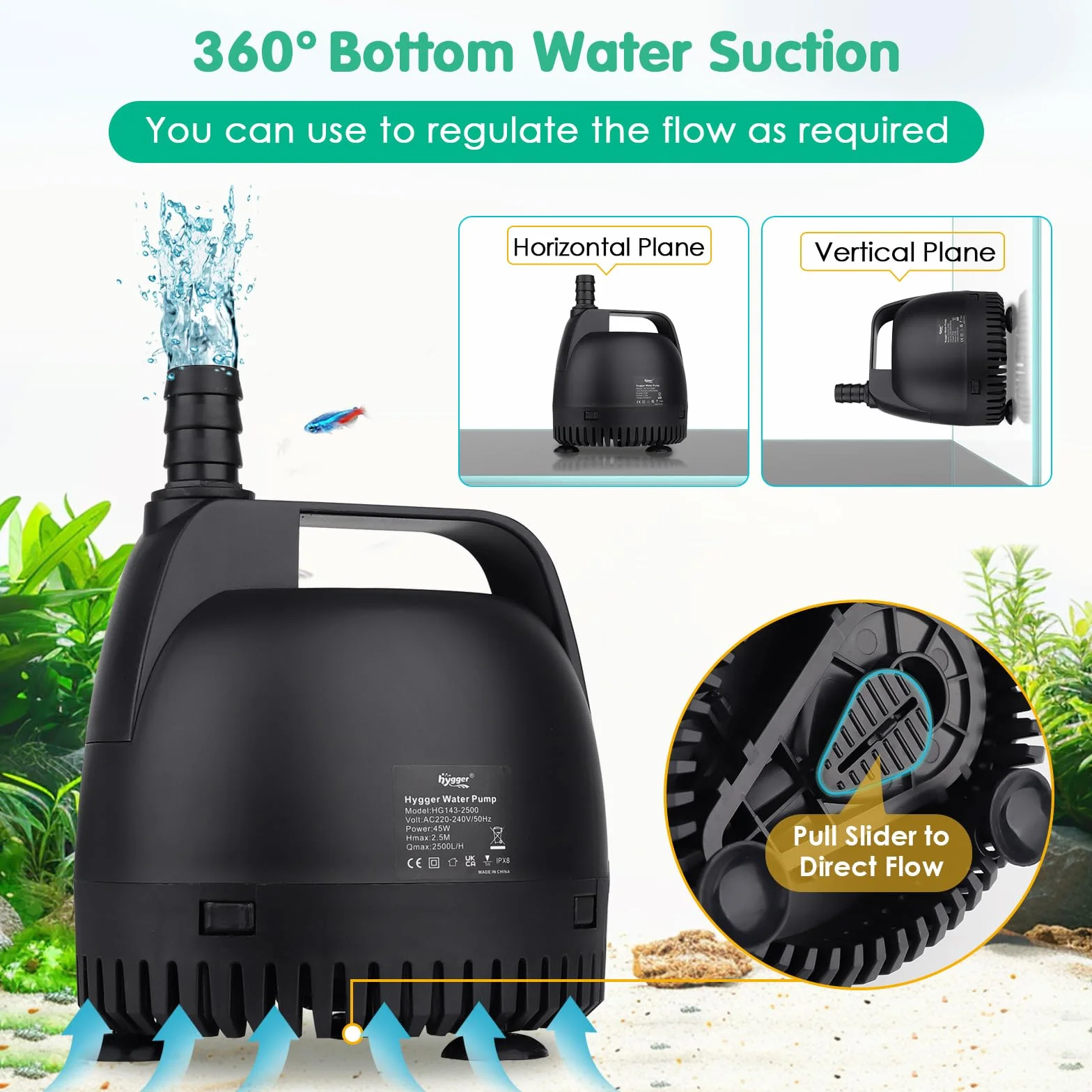 hygger Pompes à Eau pour Aquarium 1000L/H Submersible 18W avec 2 Buses