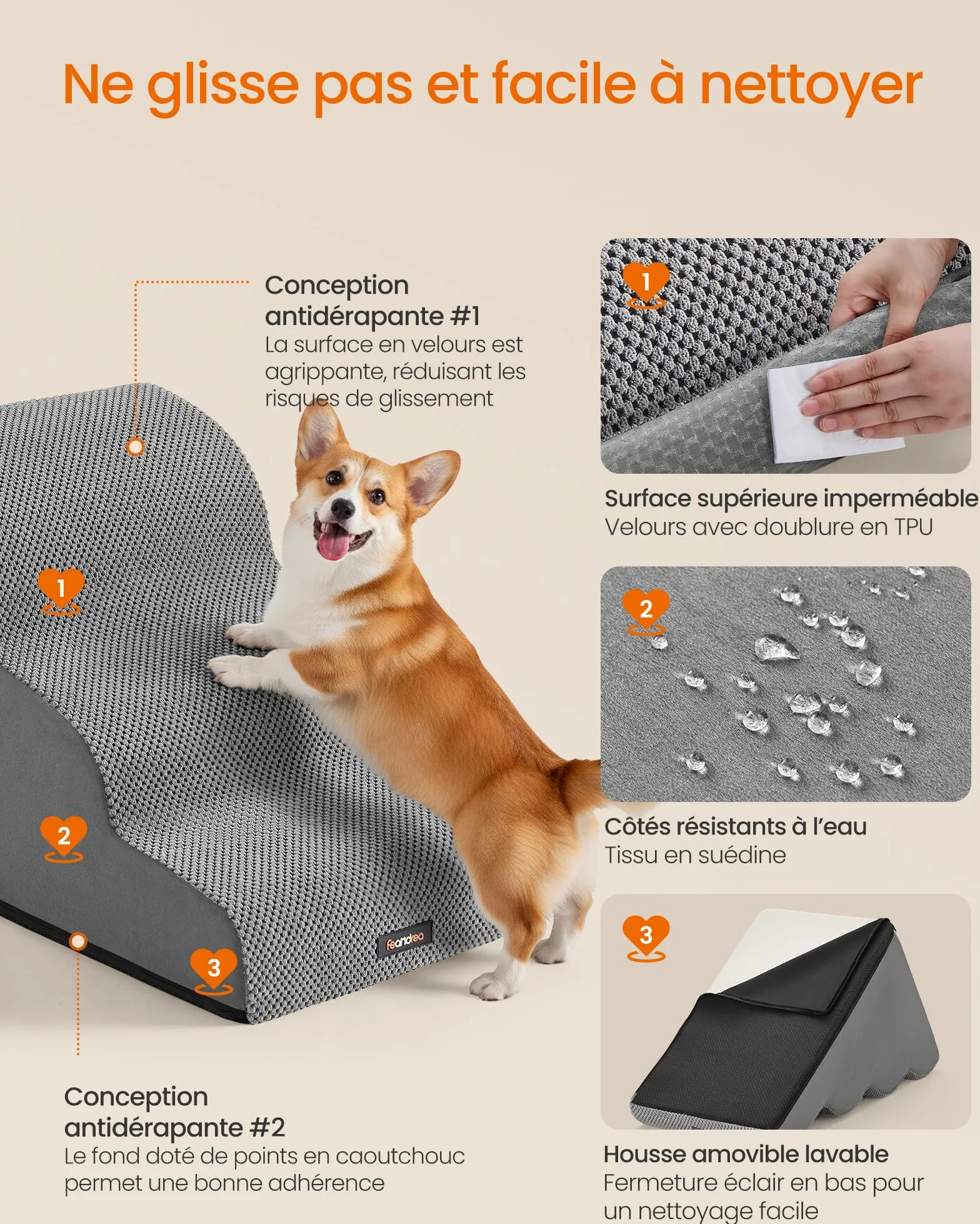 Feandrea Escalier pour Chien, à 3 Marches, Velours Gaufré, Marches pour Chien, Lit, Canapé, Imperméable, Design Antidérapant, Pente Douce, Housse Amovible Lavable, Poignée, Gris Tourterelle PPS013GD01 | Antidérapant avec faible pente, housse lavable pour