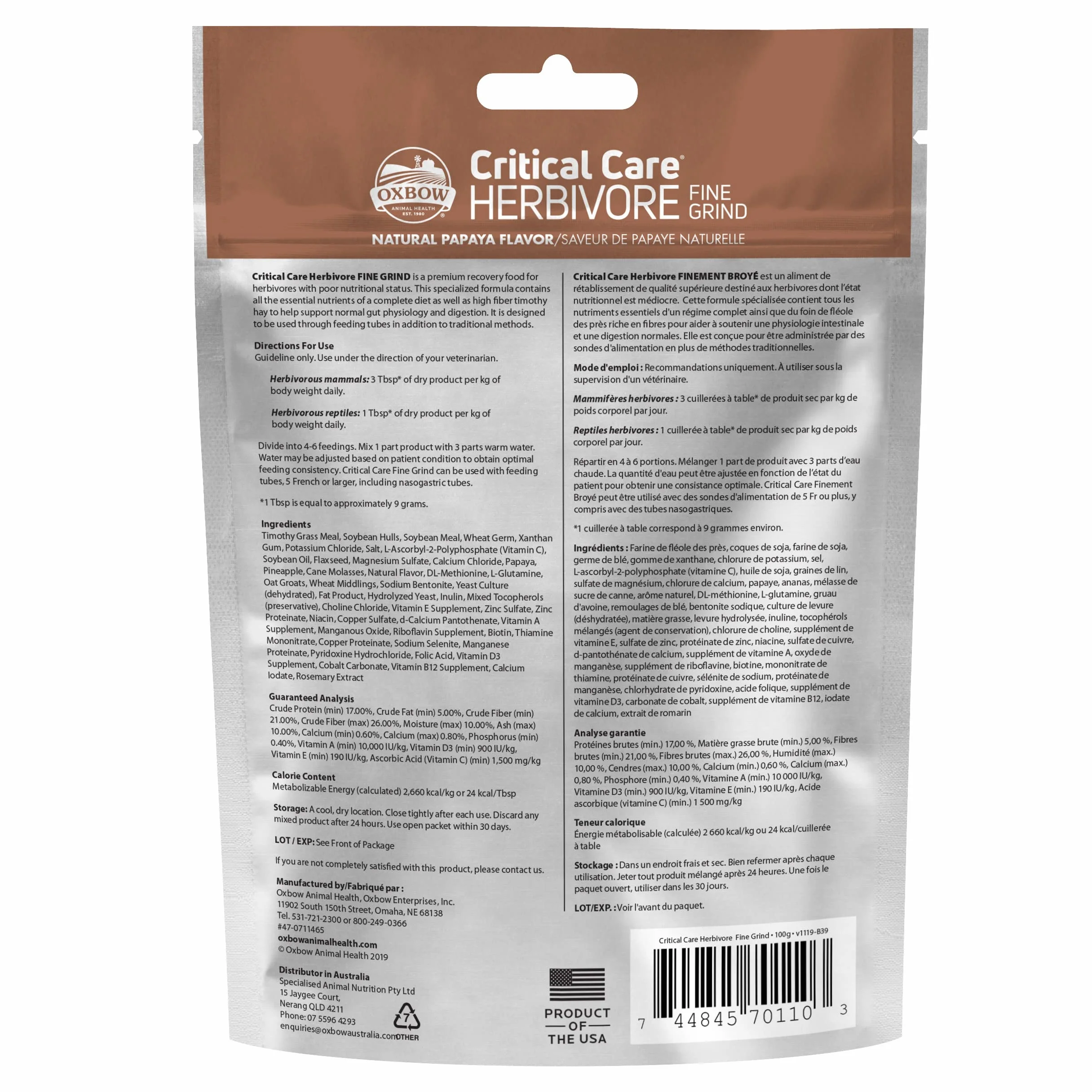 Oxbow Critical Care Herbivore Fine Grind 100 g Aliment Complet pour Animaux herbivores de Compagnie Soutien Convalescence