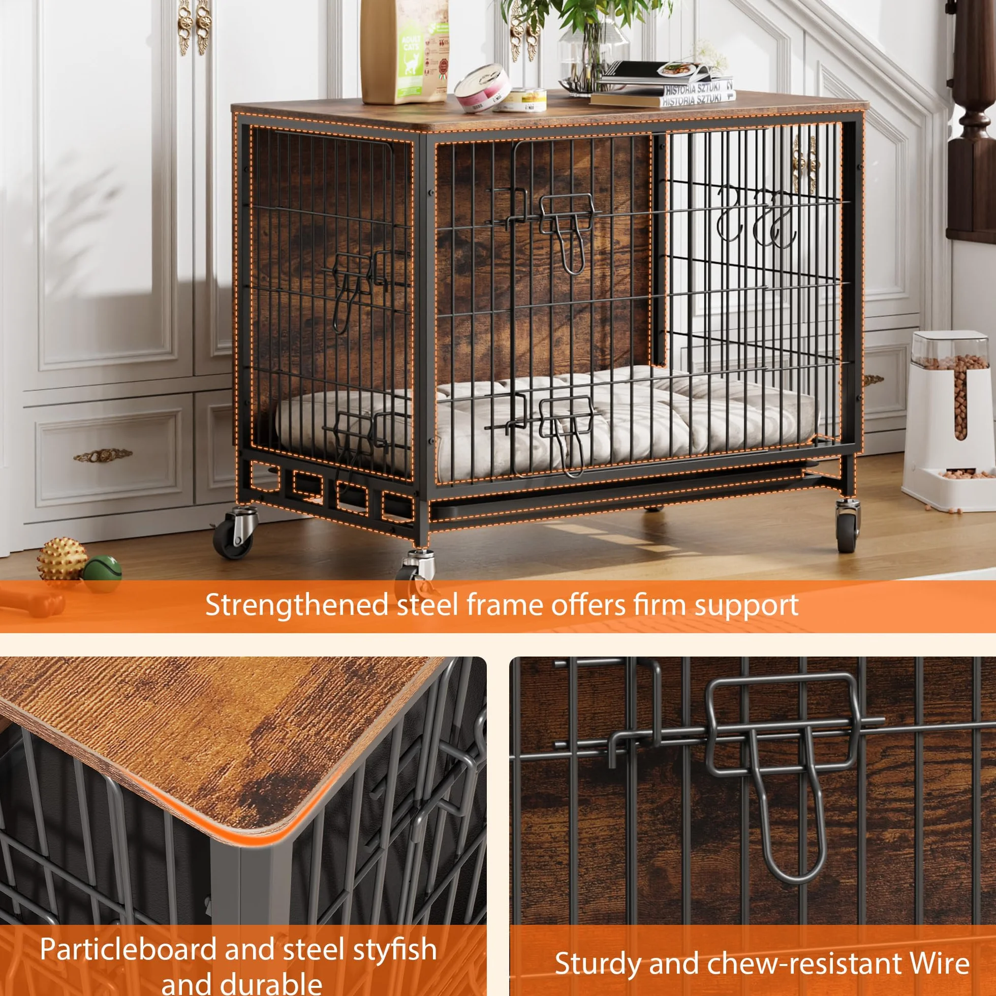 Cage pour chien meuble avec 2 portes et 4 roues 83 x 56 x 64 cm niche intérieur moderne table en bois