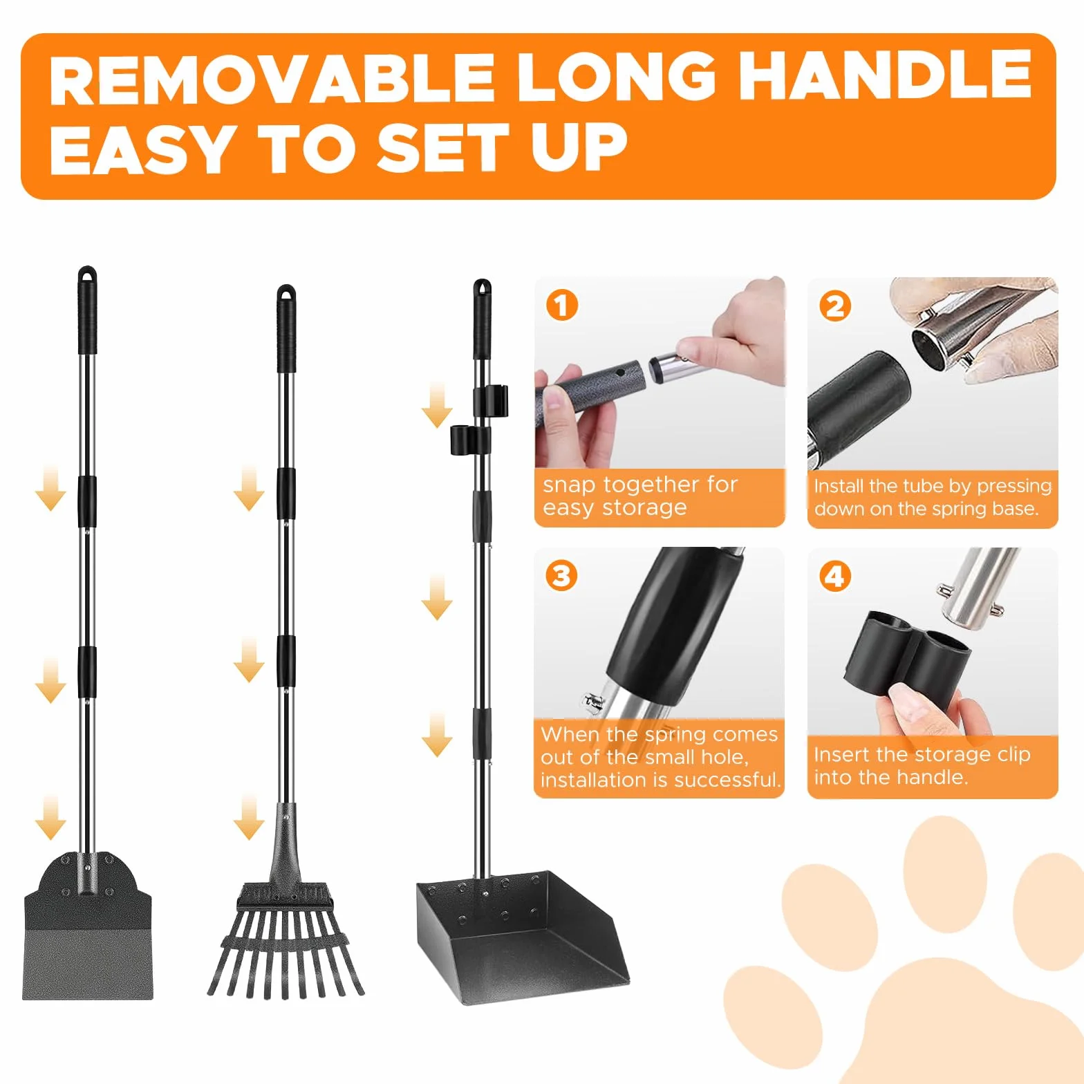 Pelle à Crotte pour Chien, Kit Pelle Ramasse Crotte pour Chien | et Râteau Métal, Pelle à Crottes à Manche Long Réglable, Lot de 3 Pelle à déjections Canines et Râteau en Métal, 96cm de long