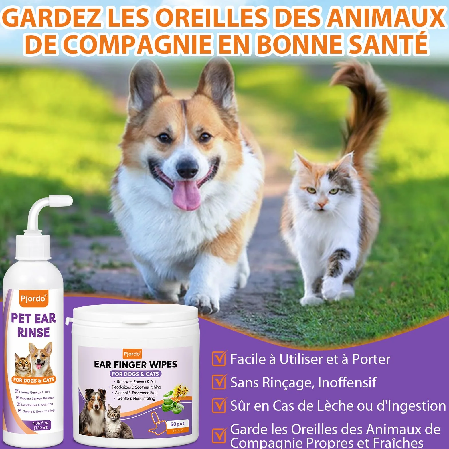 Pjordo Nettoyant pour oreilles de chien avec aloe vera et hamamélis - Lingettes et solution nettoyante