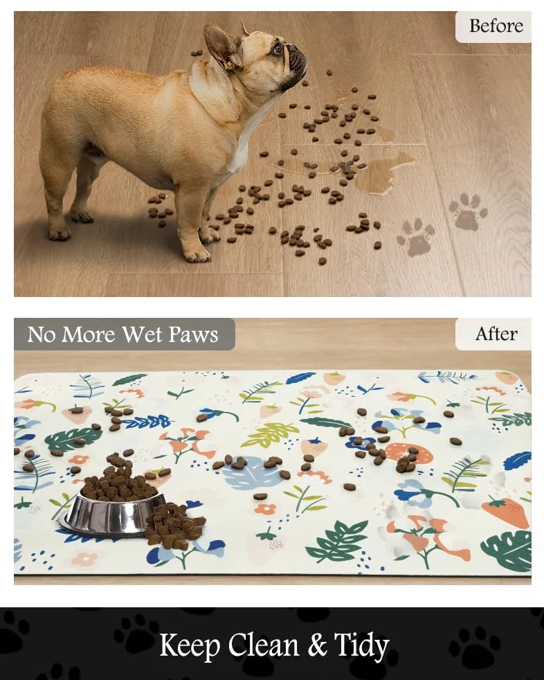 Tapis d'alimentation absorbant pour animal de compagnie pour gamelle de nourriture et d'eau, ne tache pas, séchage rapide, accessoires pour animaux de compagnie, bol pour buveurs désordonnés (fleurs