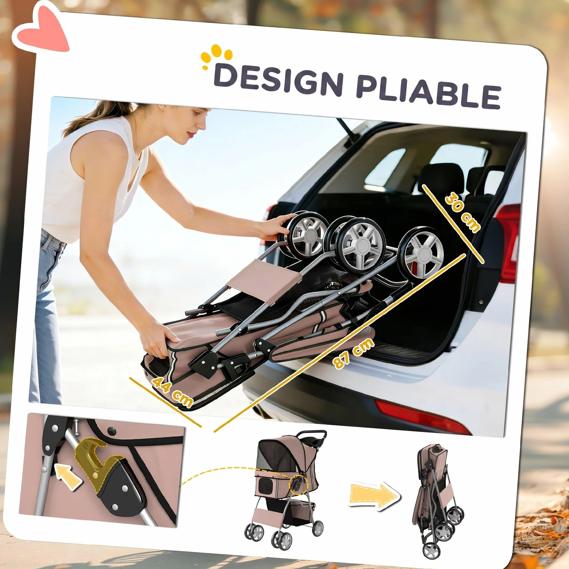 PawHut Poussette Buggy Pliable Animaux, Chariot Pliante Imperméable pour Chien et Chat, Toit Amovible, Tissu 600D Oxford, Acier, Café