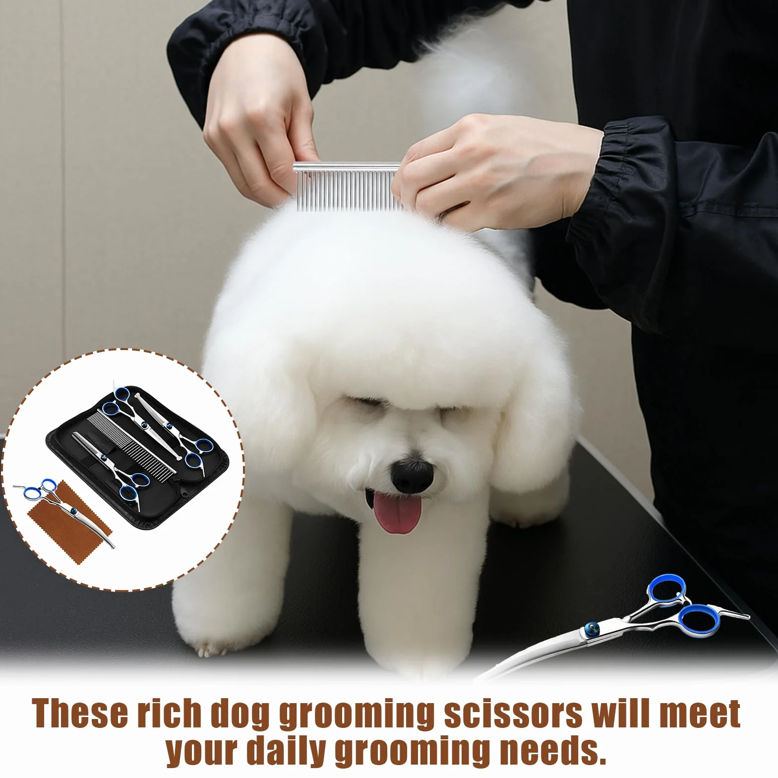 Menibeuty Ciseaux Toilettage Chien Kit, Ciseauxs de Toilettage pour Chiens, Embouts de Sécurité Ronds y Compris Ciseaux à Effiler, Ciseaux Courbes,Ciseaux Droits,Peigne,Ciseauxs Chien Toilettages Bleu