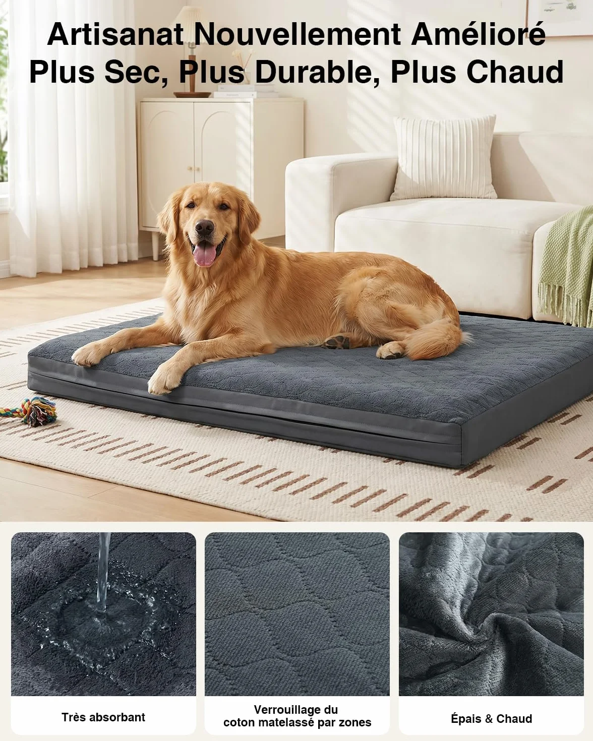 Panier Chien Taille Moyenne-88x55x7 Cm, Tapis Chien Imperméable, Une Face en Cuir Synthétique, Coussin Chien Orthopédique Double Face, Doublure Imperméable, Amovible et Lavable, Gris