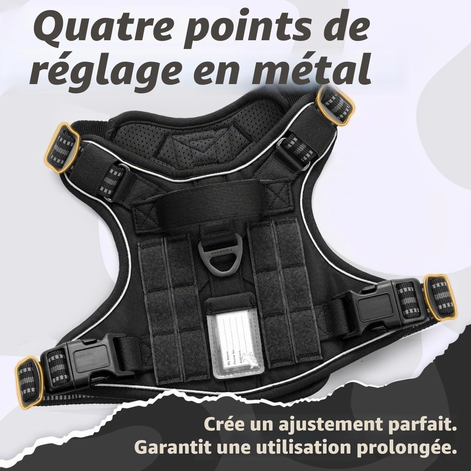 Rabbitgoo Harnais Chien Anti Traction Tactique Réfléchissant Réglable avec Poignée et Anneaux, Gilet Solide Facile à Mettre, Noir, L