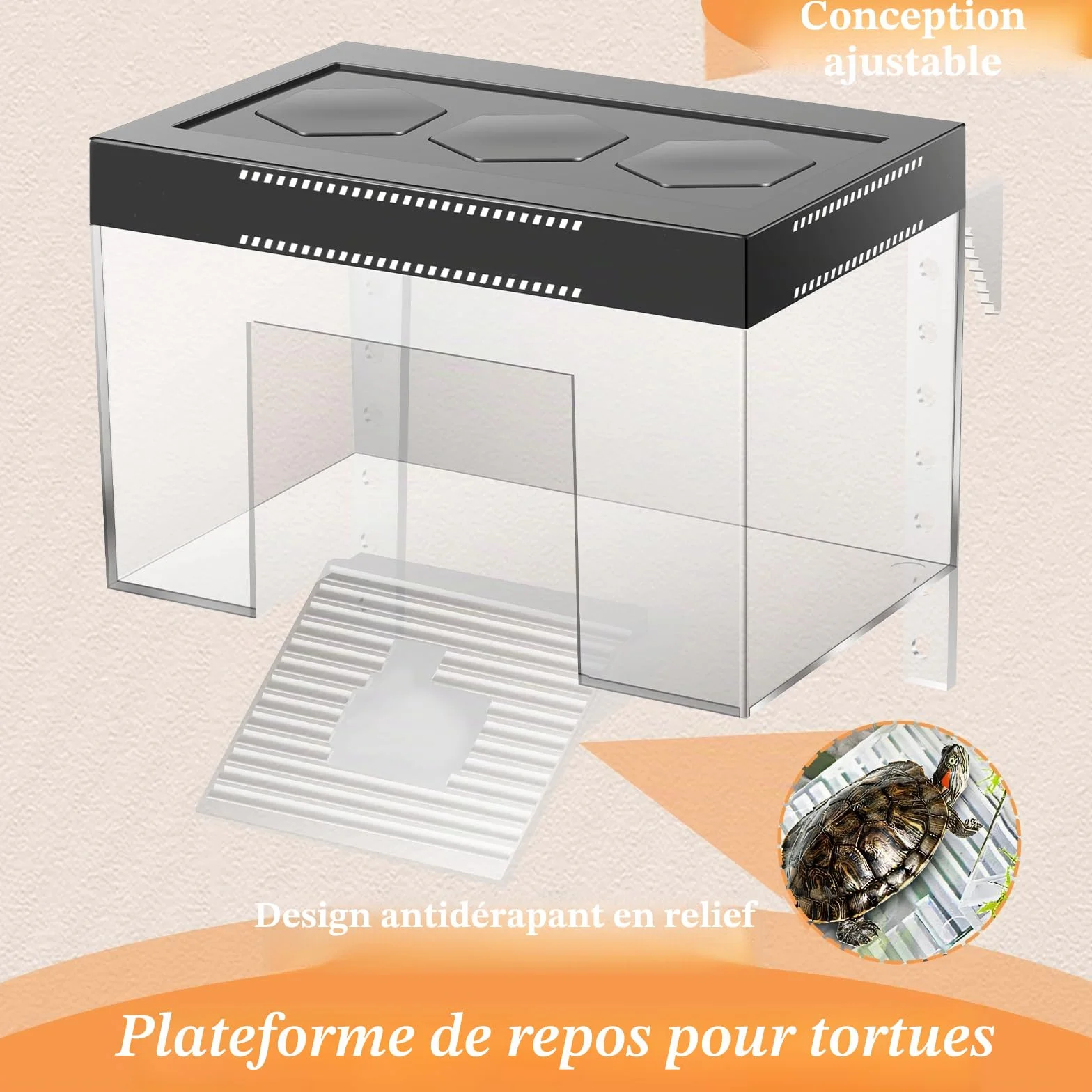 Plateforme de repos suspendue pour tortues à hauteur réglable 25×16×16 cm PC transparent enclos aquarium