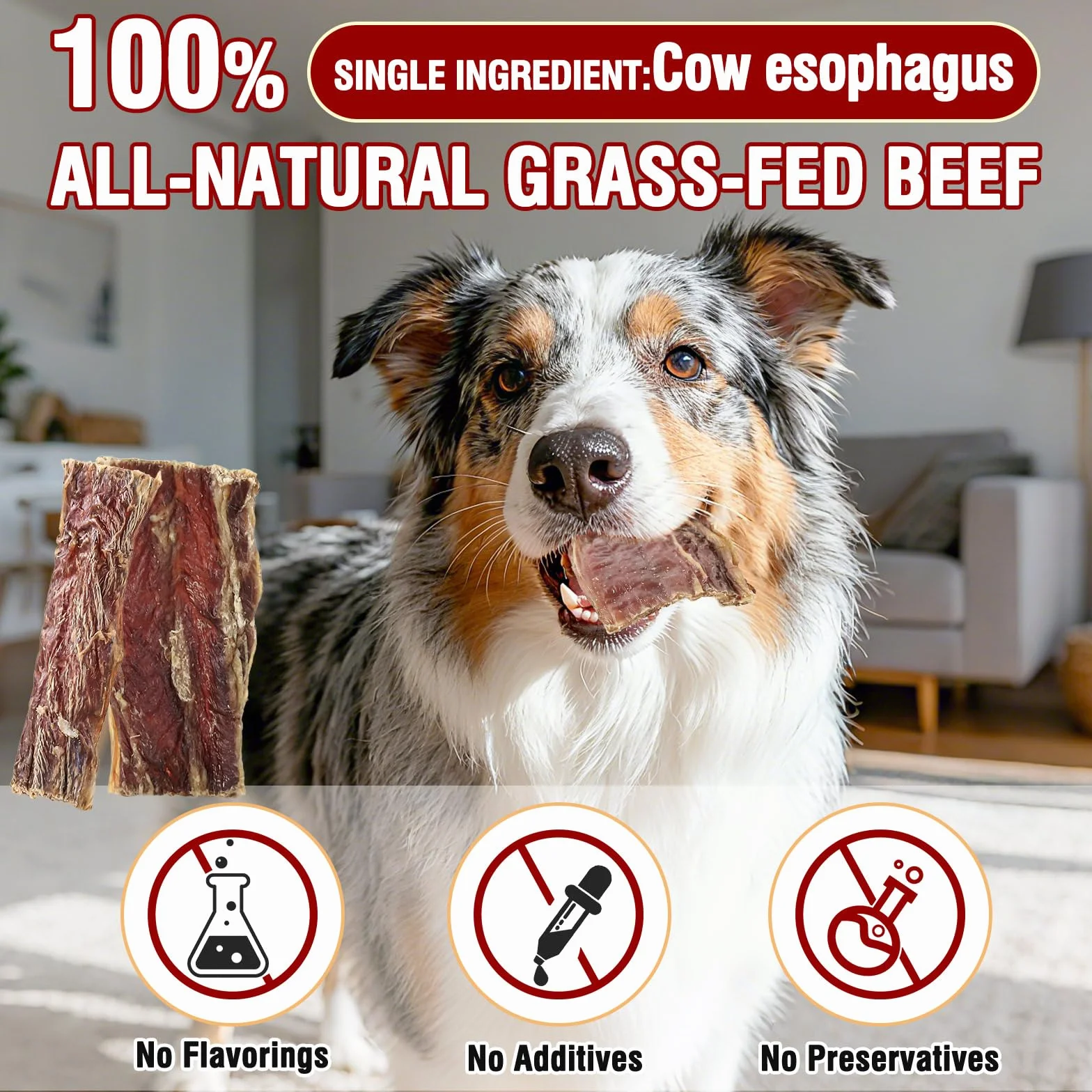 Friandises pour Chiens à Base d'Œsophage de Bœuf, Naturelles, Riches en Protéines, 80G