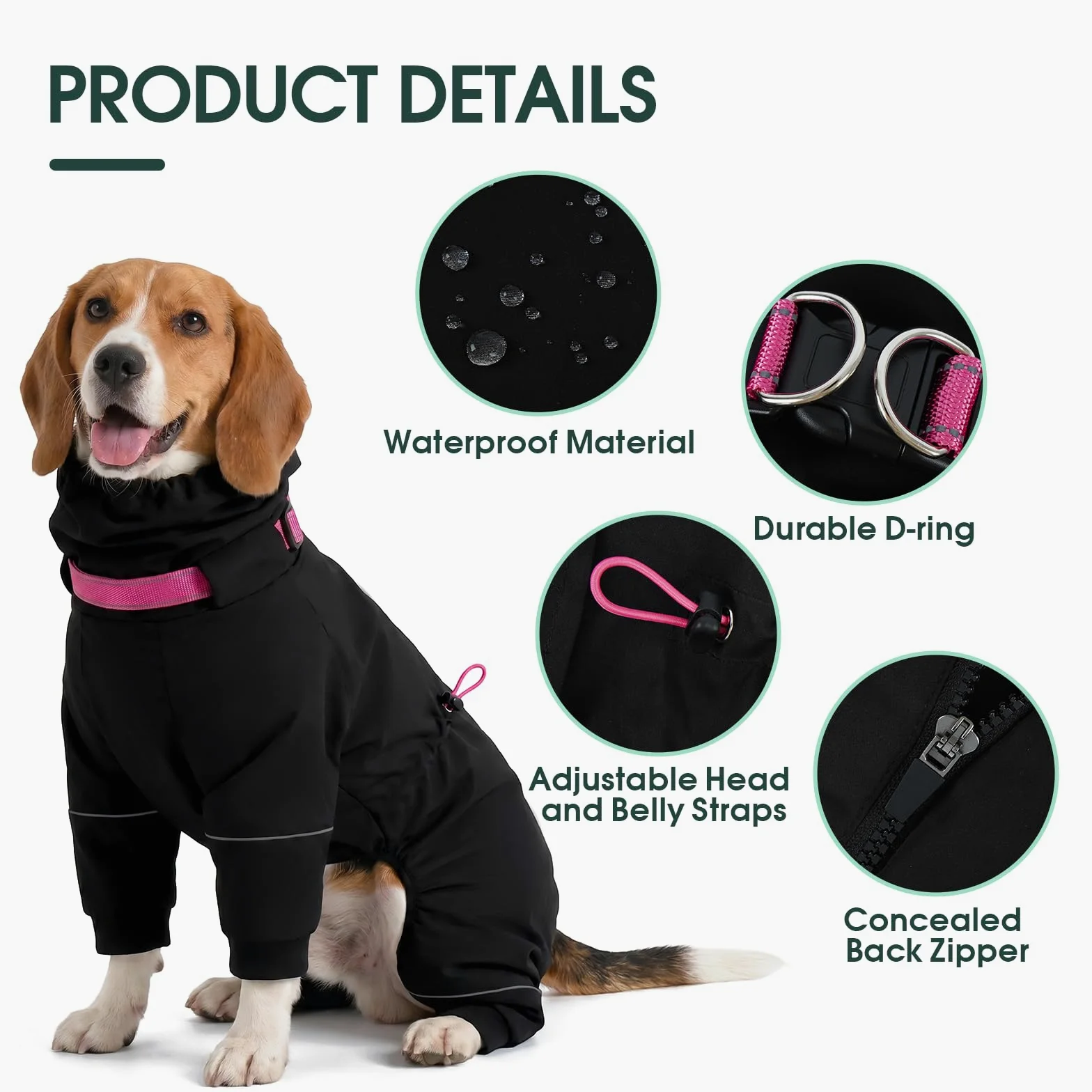 Kuoser Manteau de pluie imperméable pour chien avec capuche réglable Noir Taille XL | Manteau de pluie léger et respirant pour chien avec 4 pattes et col haut réglable réfléchissant