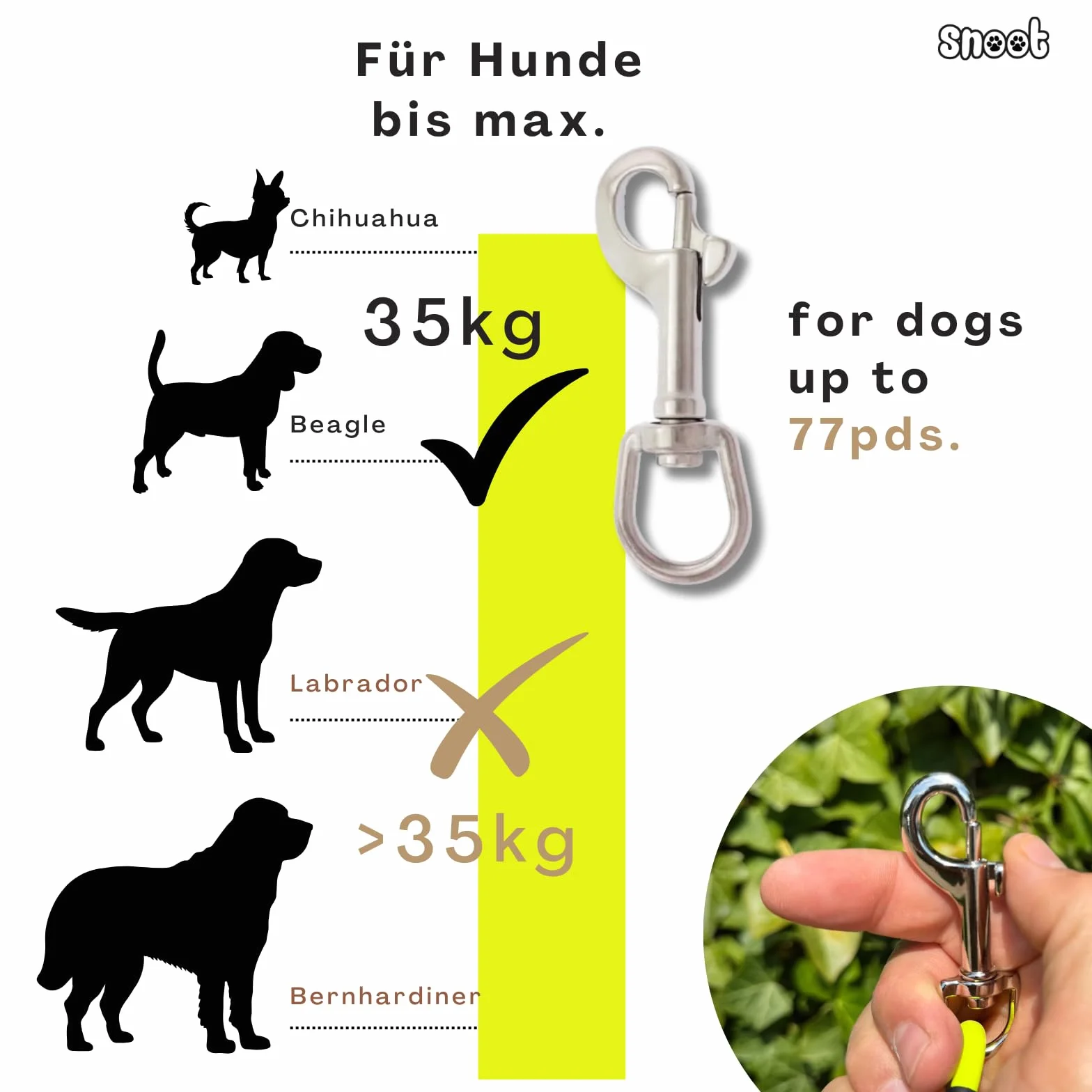 Laisse pour chien de 15 m - Étanche - Ronde - Sans boucle - Laisse d'entraînement sûre - Jaune fluo - Jusqu'à 35 kg
