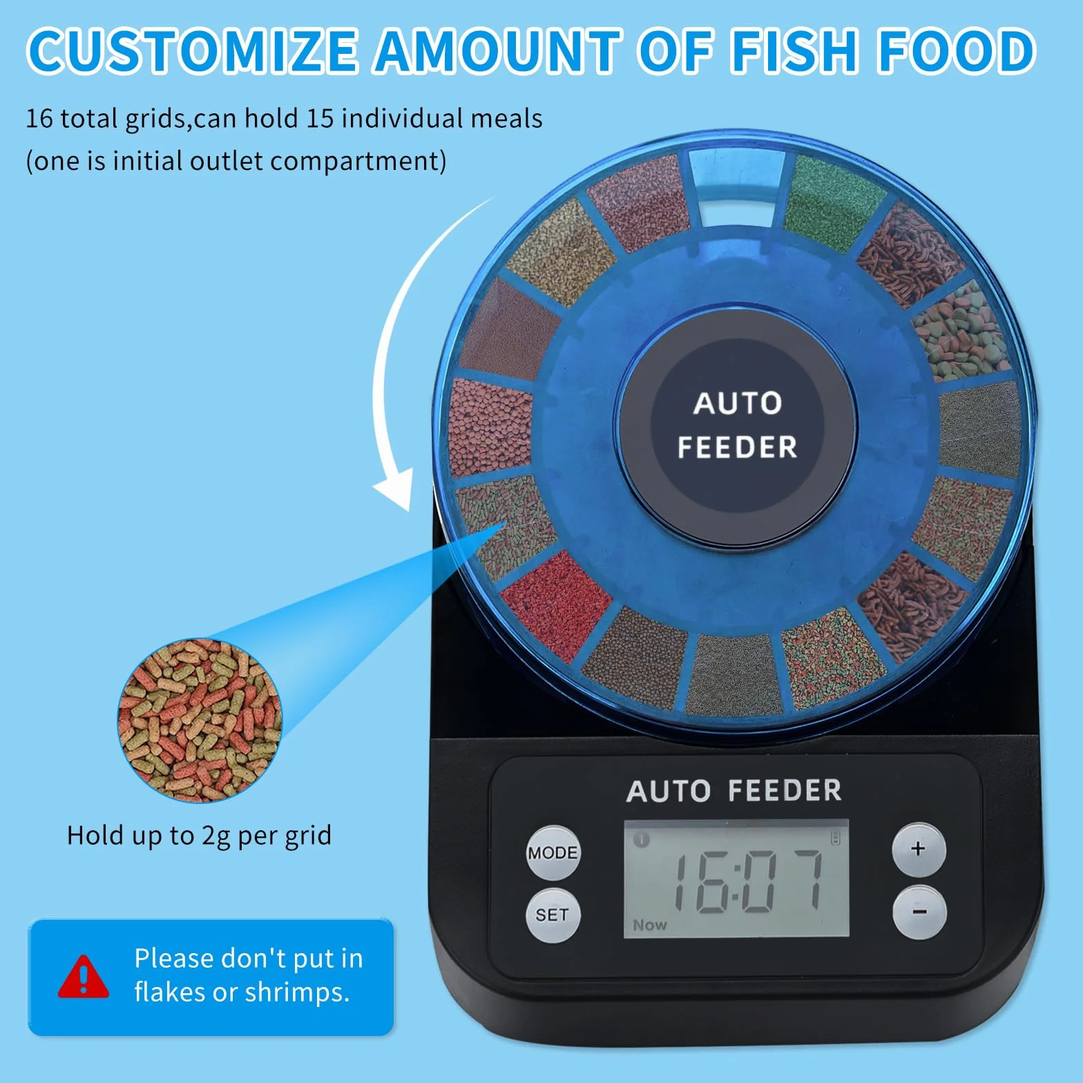 Podazz Distributeur Automatique de Nourriture pour Poissons pour Aquarium avec Minuterie Rechargeable et Affichage LCD - 15 Flux d'alimentation