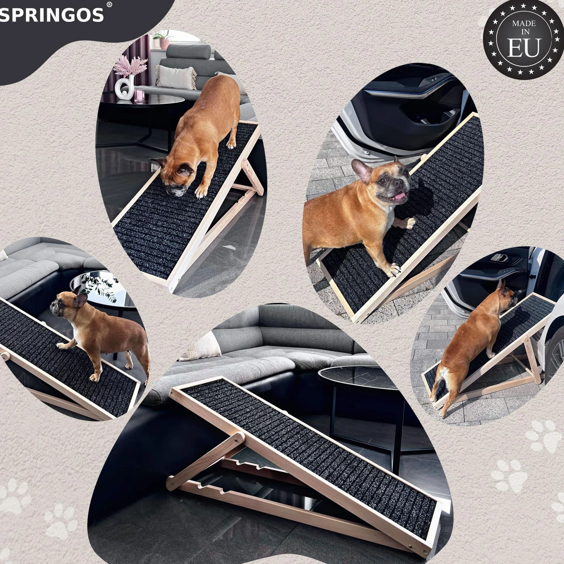 SPRINGOS Rampe pour chien réglable 42,5-59 cm pliable en bois avec insert antidérapant