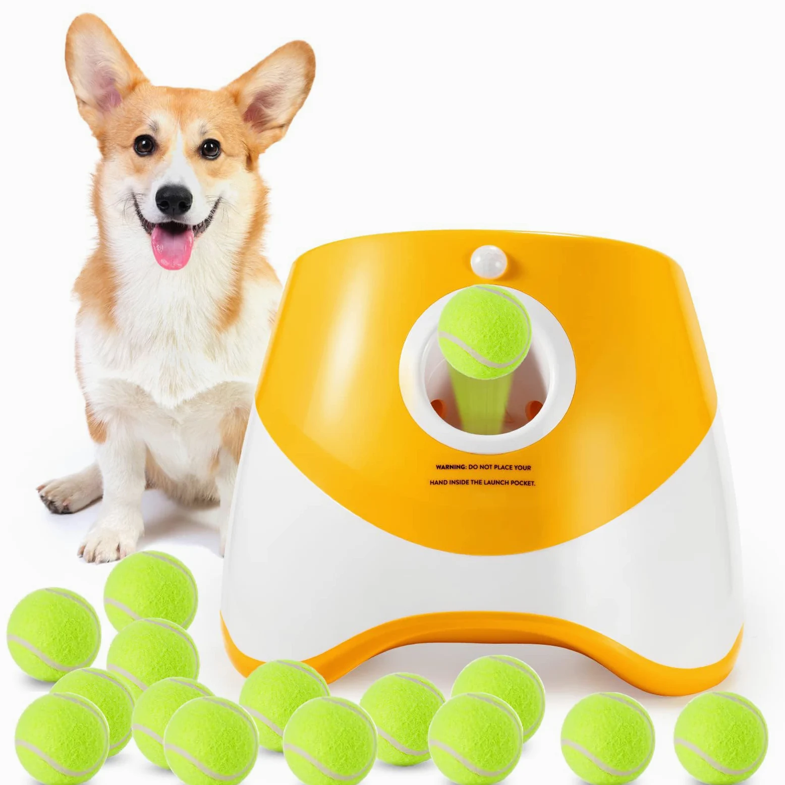 MEKAPLE Lanceur Automatique de balles pour Chien avec 15 Mini balles de Tennis de 5,1 cm et Sac en Maille, Jouet interactif pour Petits Chiens avec 3 réglages de Distance, Orange
