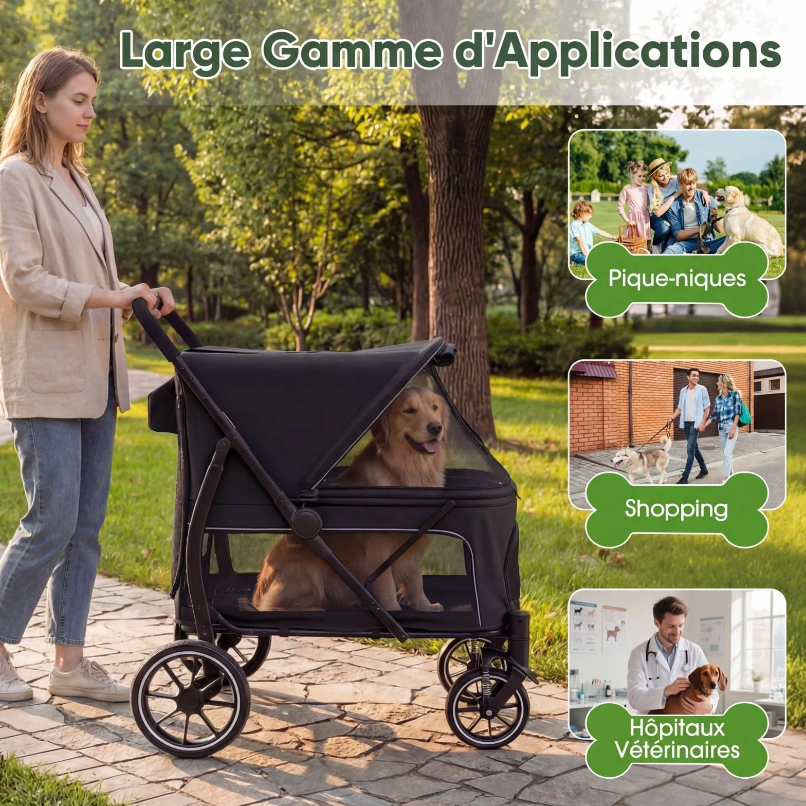 COSTWAY Chariot pour Chien Chat Pliable, Charge 40 kg, Grand Entrée Basse, Noir