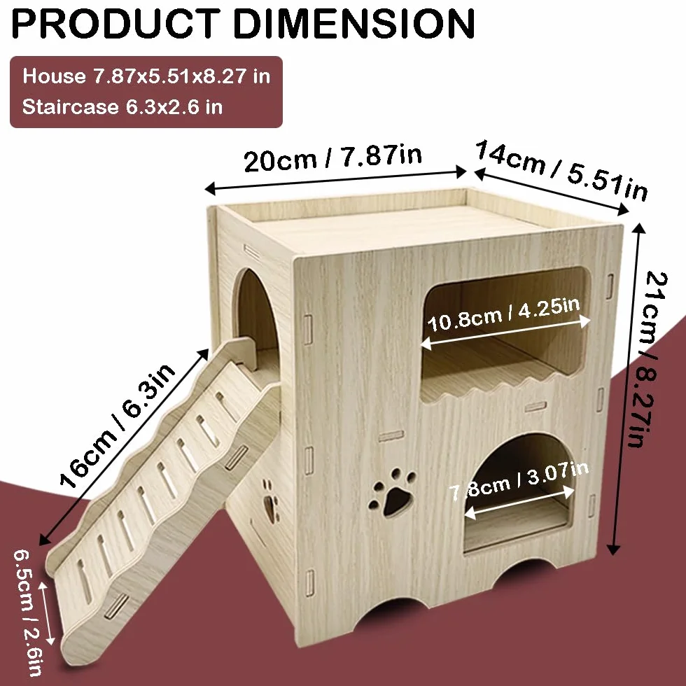 Maison Hamster, Maison en Bois pour Hamster Nains Hamster Syrien Rat Gerbille, 2 étages avec Échelle