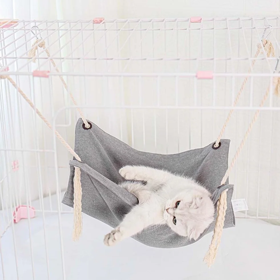 DONGKER Hamac Cage pour Chat,Nid Suspendu Respirant pour Animaux de Compagnie en Coton et Lin avec 4 Crochets pour Chats de Moins de 7Kg/15 Lbs Lapins Furets Chinchillas