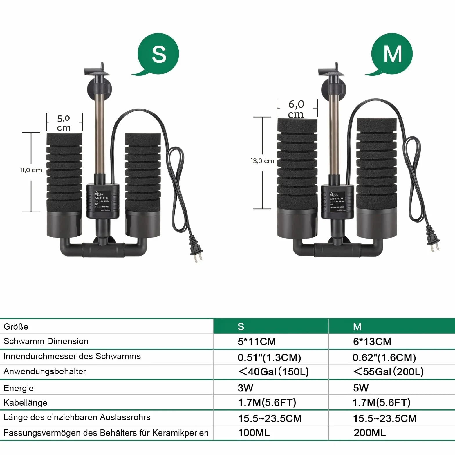 AQQA Filtre éponge d'aquarium 3/5W Double électrique Silencieux pour filtrage Biologique et mécanique