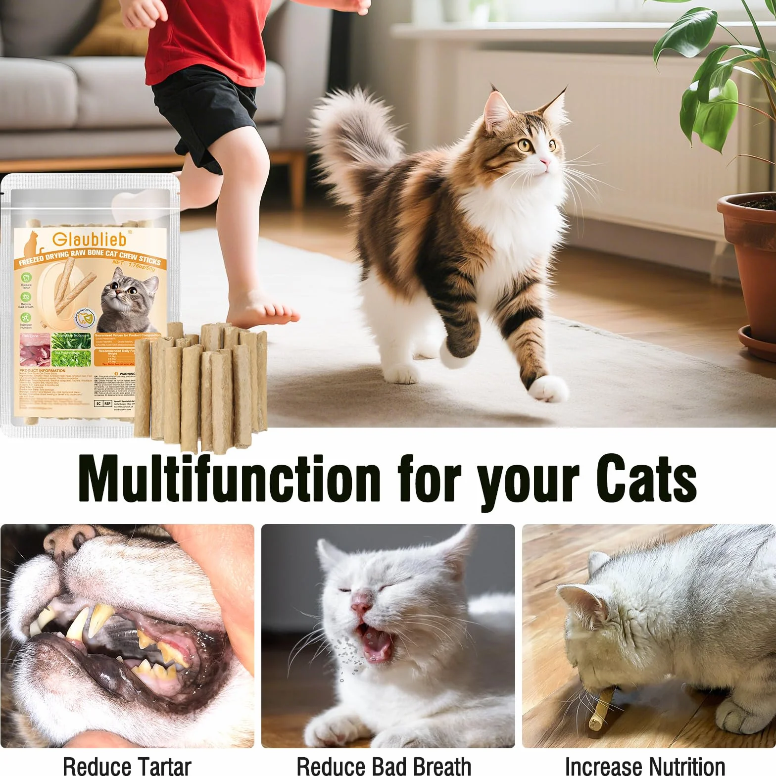 Bâtonnets à Mâcher Lyophilisés pour Chats 100g - Friandises Dentaires pour Haleine Fraîche et Réduction du Tartre