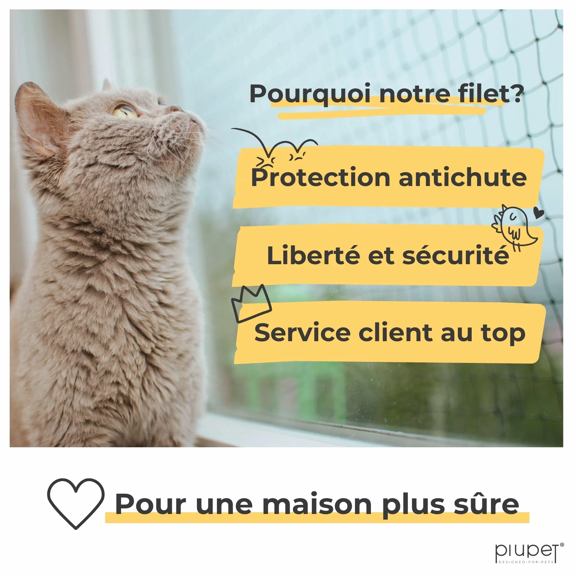 PiuPet® Filet pour Chat 4x3m renforcé avec Corde de Fixation Protection Balcon