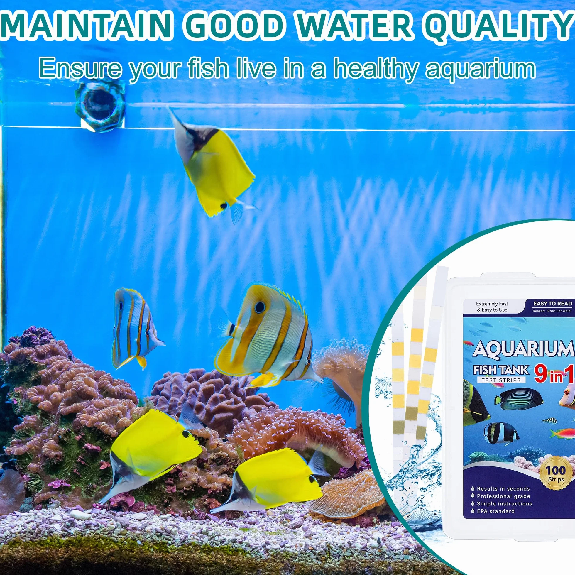 9 en 1 Bandelettes de Test pour Aquarium, Test d'eau Aquariophilie - Ammoniac, Nitrate, Nitrite, Chlore, pH, Dureté, Alcalinité, Cu - 100 Pièces