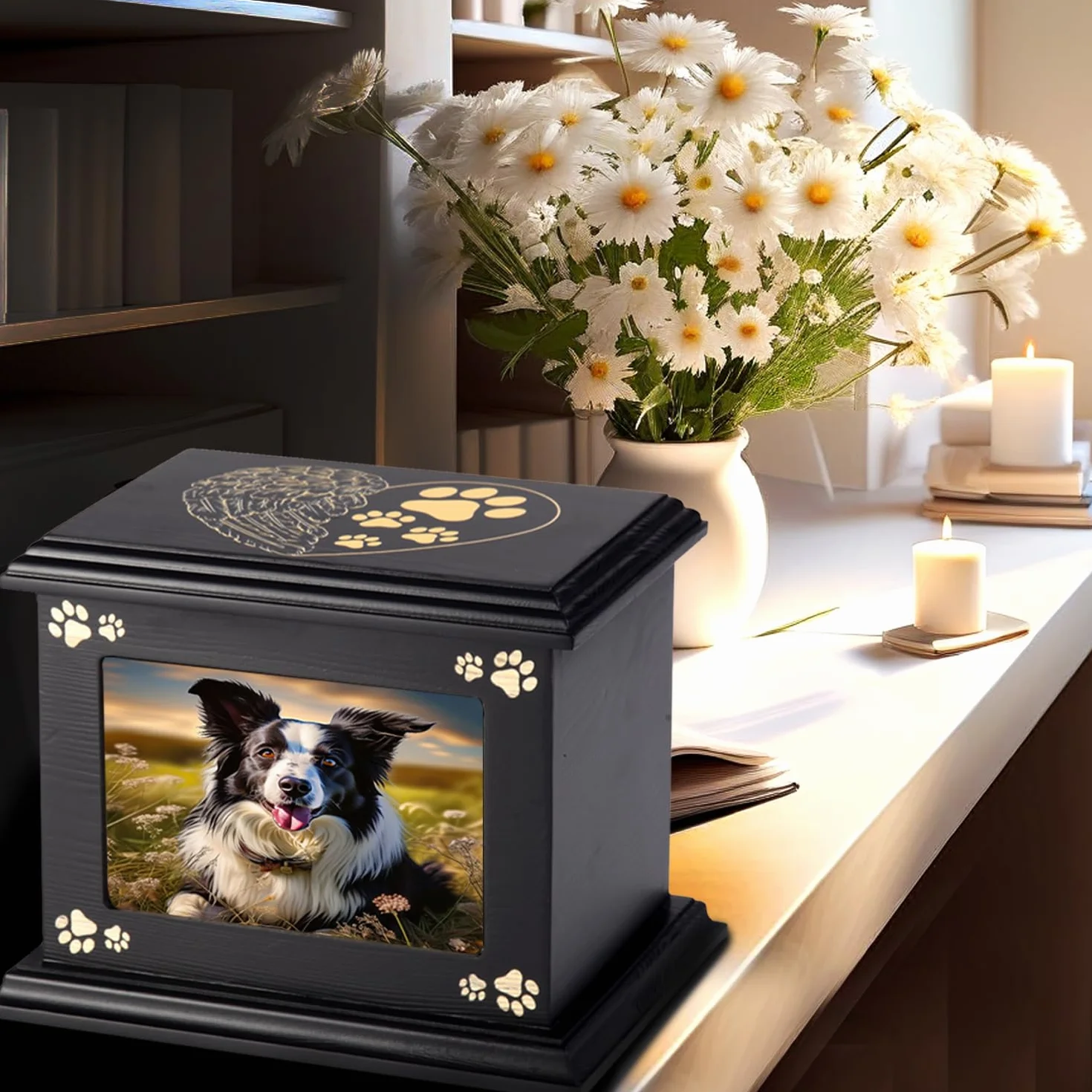 Urne funéraire en bois pour animaux de compagnie Doggy Memorial 40 avec cadre photo noir