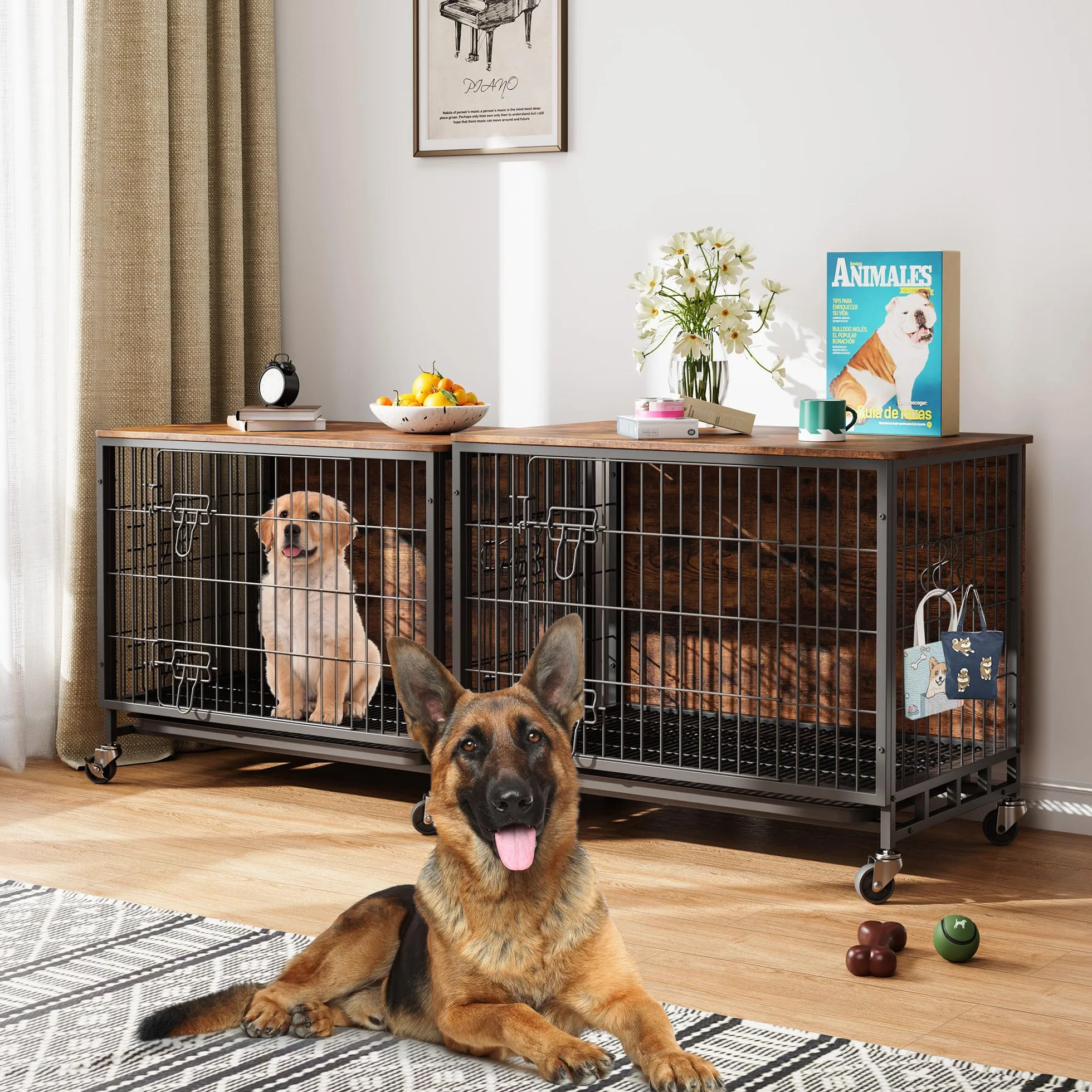 Cage pour chien meuble avec 2 portes et 4 roues 83 x 56 x 64 cm niche intérieur moderne table en bois