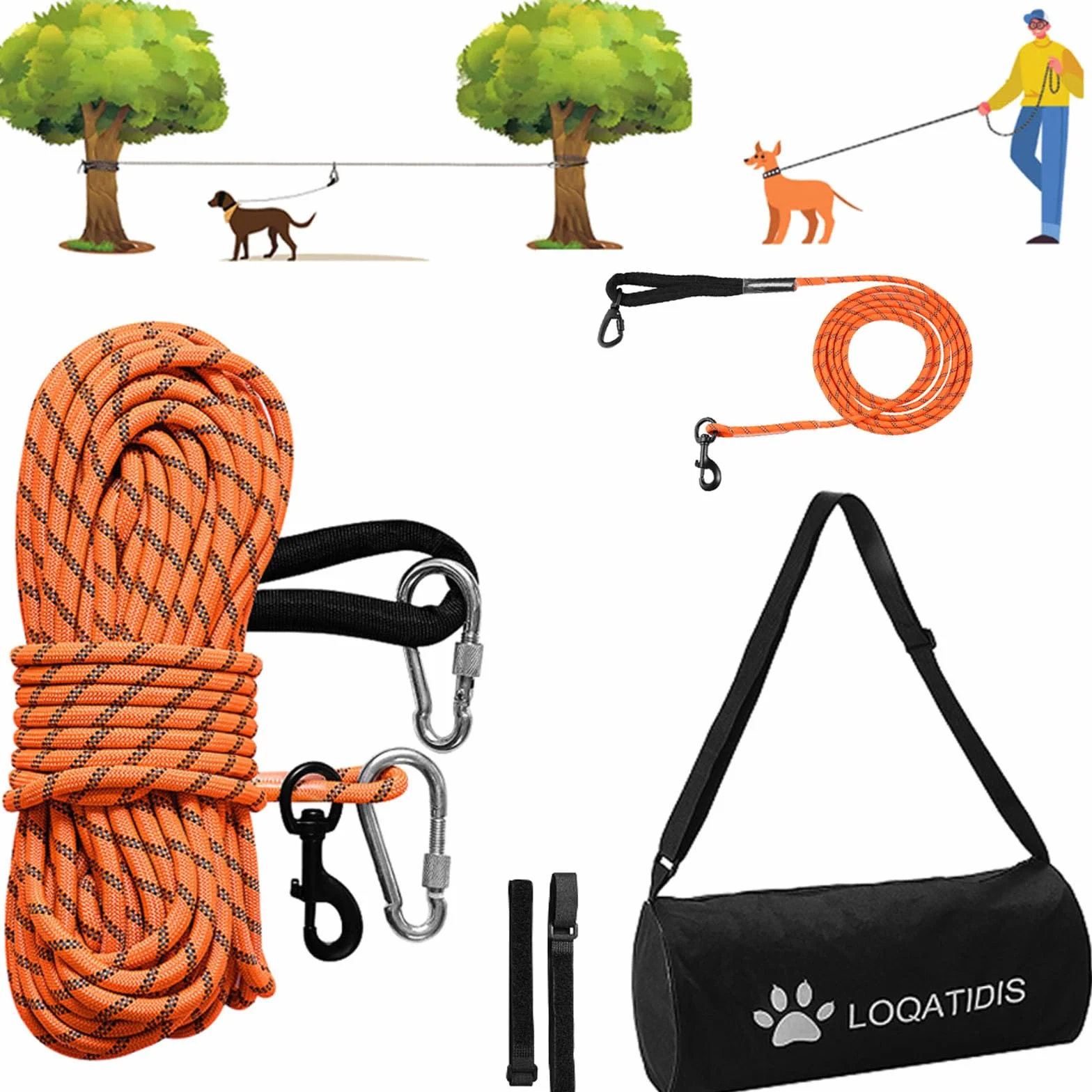 Câble d'attache pour Chien 3 en 1 15M+3M Orange Nylon Réfléchissante Longe Trolley Portable Laisse avec Sac