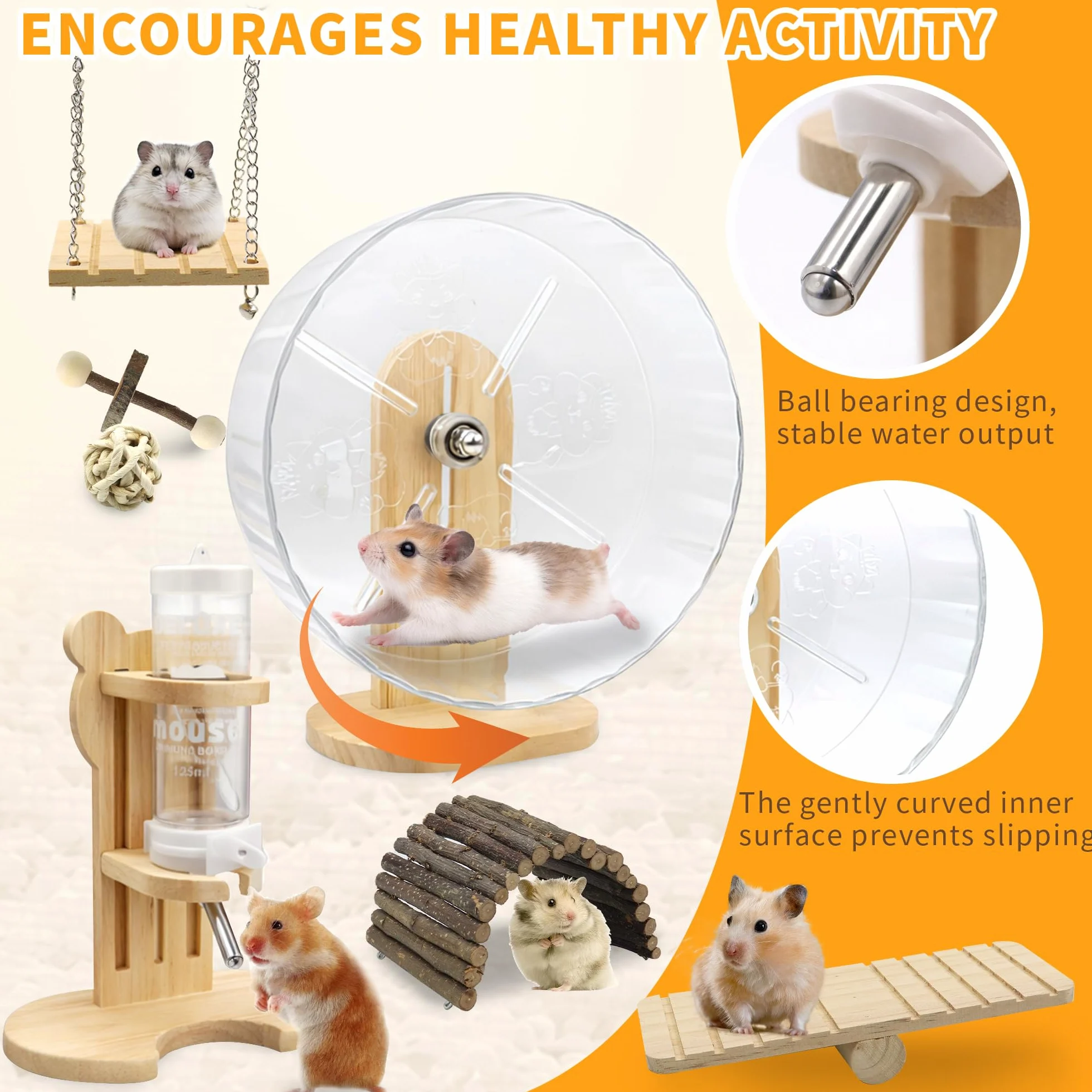 Lot de 20 accessoires pour cage à hamster, roue silencieuse de 24 cm, jouets à mâcher, maison en bois et bouteille d'eau avec support pour chinchillas, lapins, cochons d'Inde, rats, petits animaux