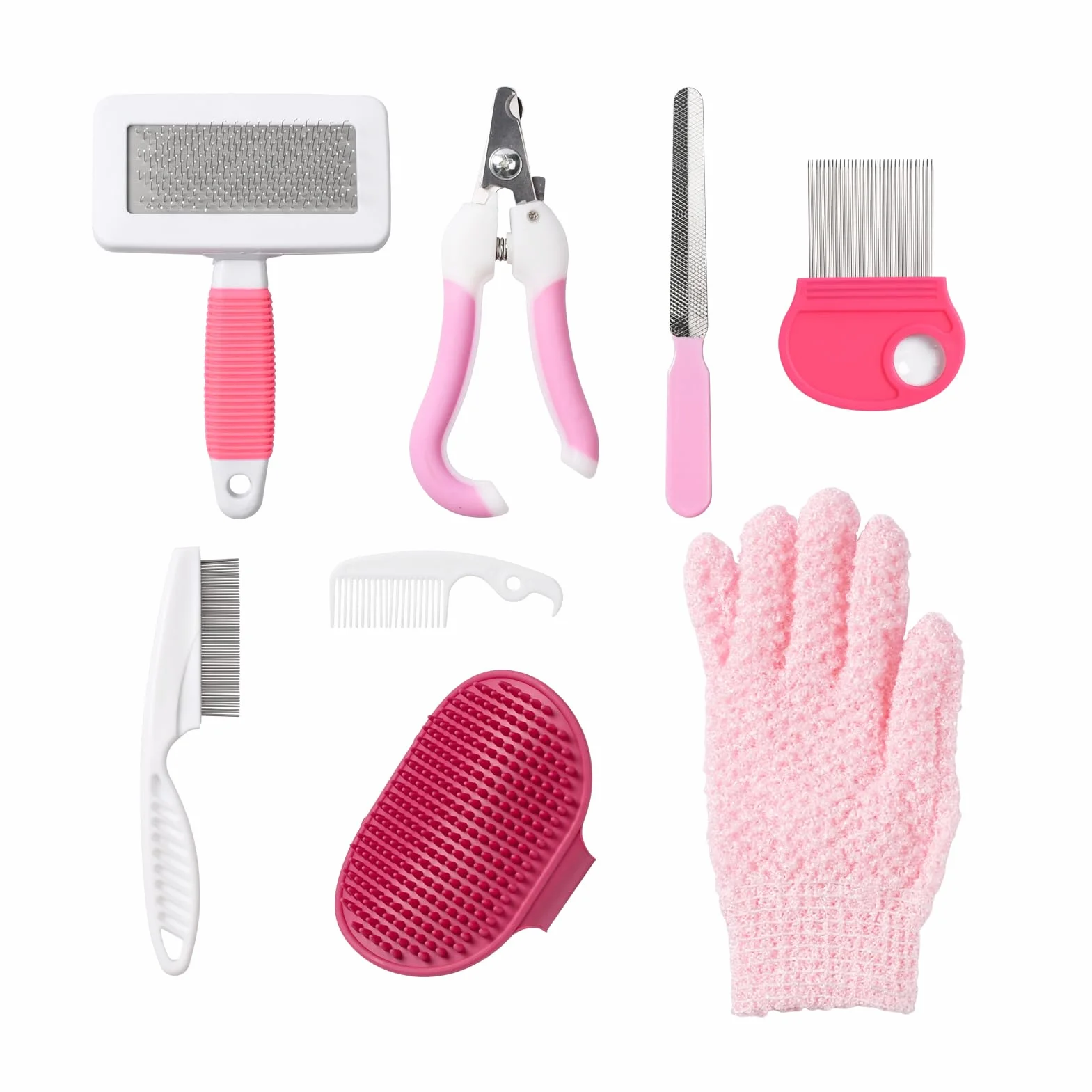 Kit de Toilettage pour Lapin 8 Pièces avec Coupe-ongles, Lime, Peigne à Puces, Gant de Bain, Brosse