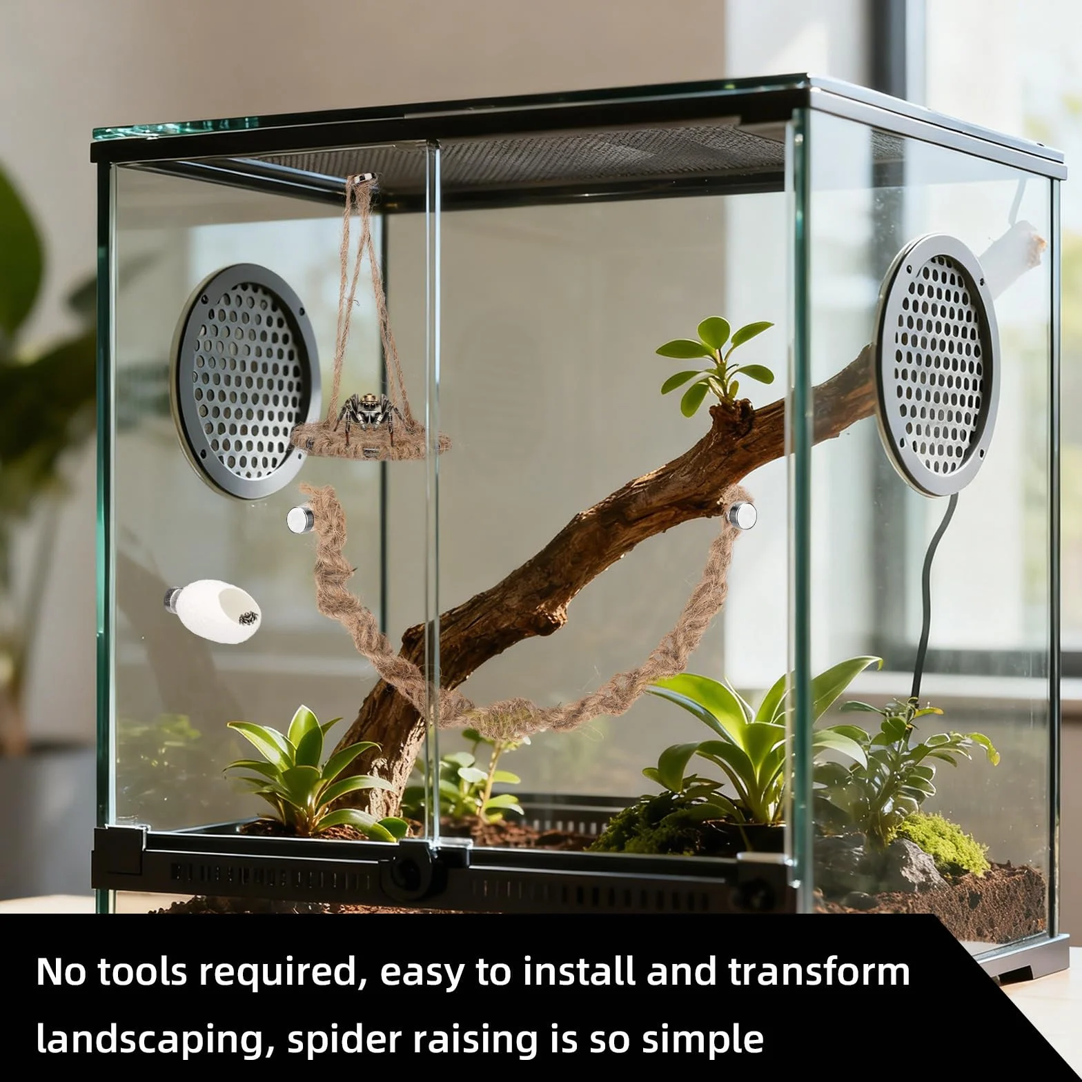 3pcs Ensemble de Accessoires pour Terrarium Araignée Sauteuse, Balançoire en Corde Coton Balançoire Plateforme et Nid avec Aimants pour Décoration Terrarium Araignée Sauteuse Taille Moyenne