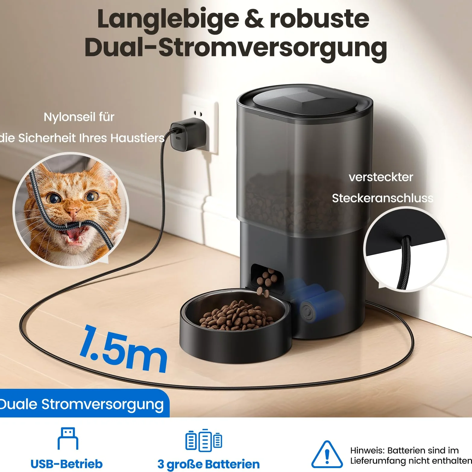 Distributeur automatique de nourriture pour chats 3 litres, 2,5 L, dispositif d'alimentation à distance contrôlé par application silencieuse avec 10 repas par jour, design anti-obstruction, idéal pour