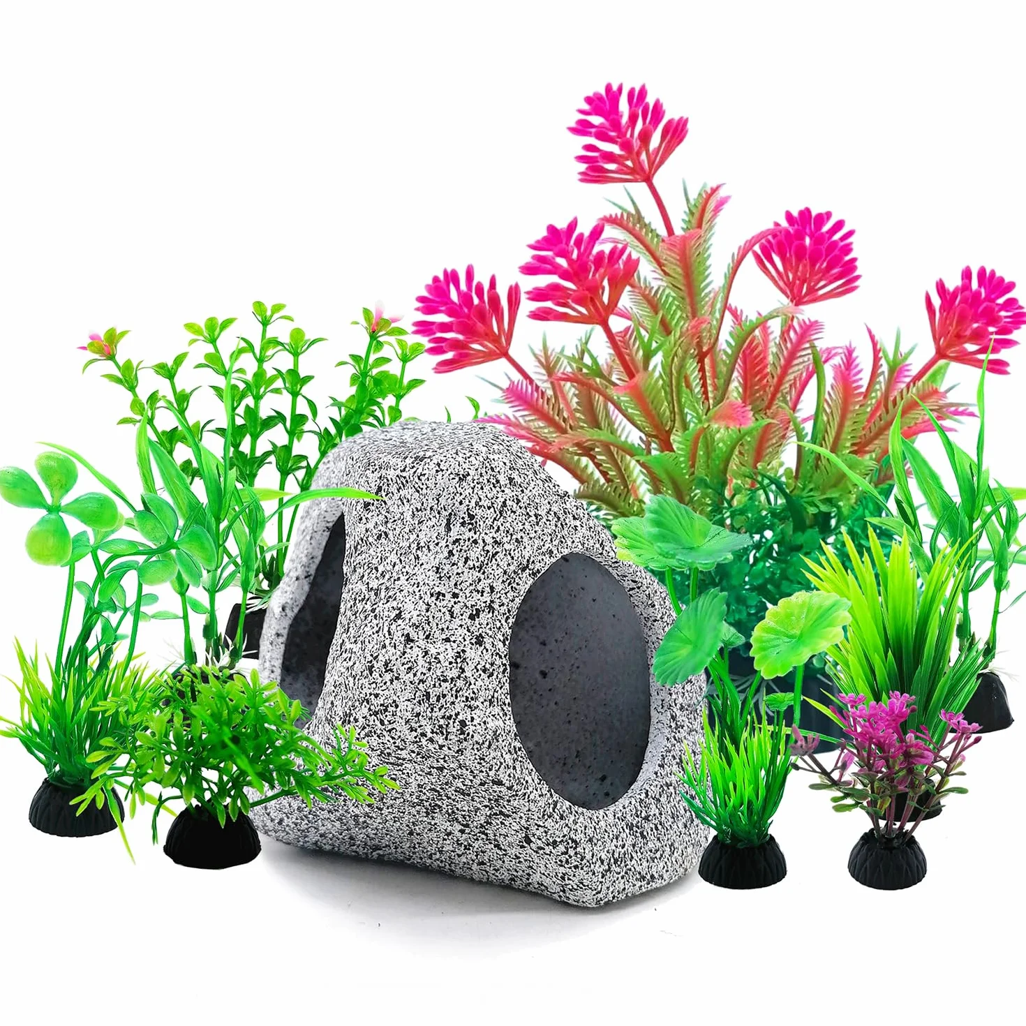SLOCME Ensemble de 10 pièces de roches et de plantes pour aquarium - Décorations en plastique colorées et abris en céramique